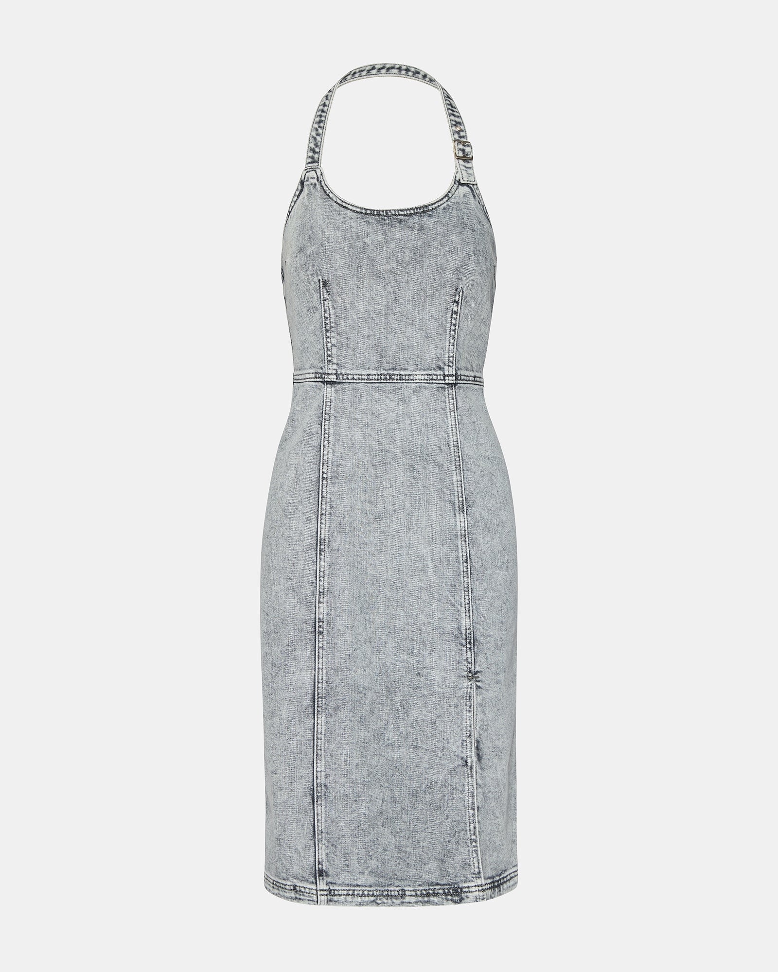 Close-up of the dresss side slit and textured denim fabric