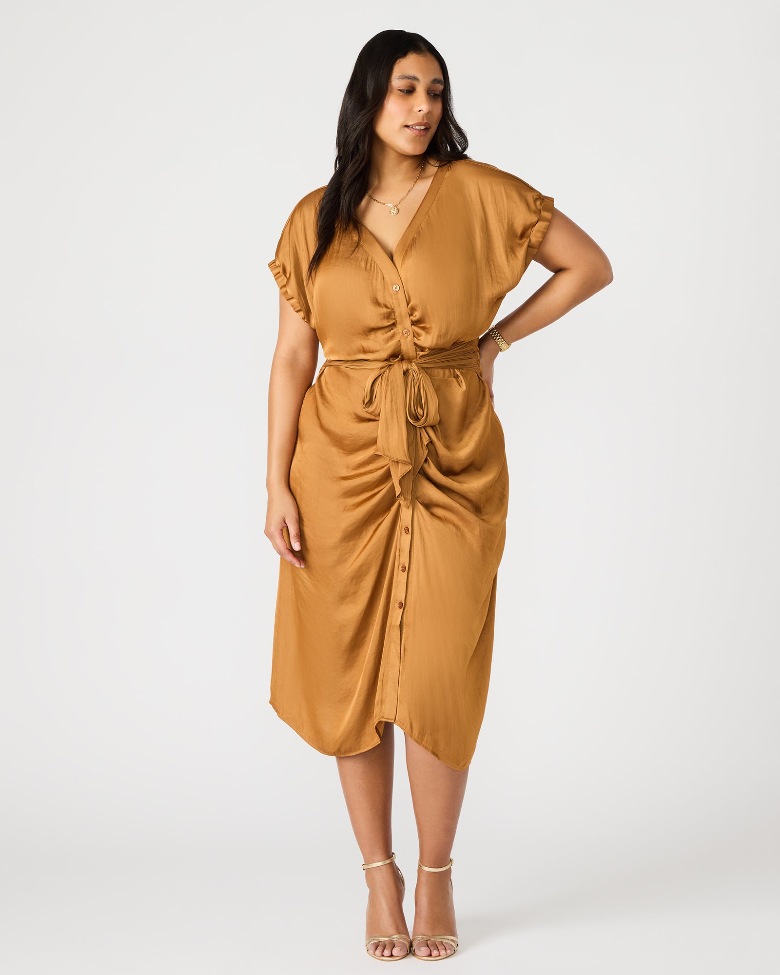 Front view of the Bruno caramel midi dress with tie-front detail and short sleeves