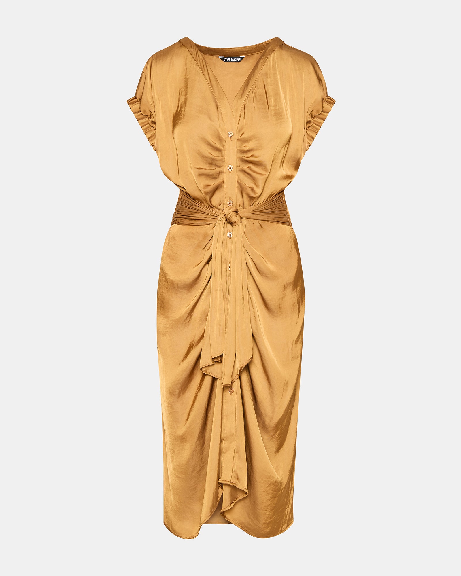 Close-up of the tie-front waist and button details on the Bruno caramel midi dress