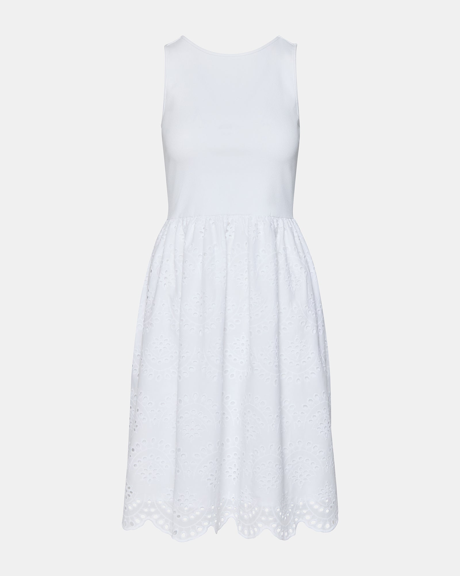 Side angle of sleeveless dress showcasing eyelet details.