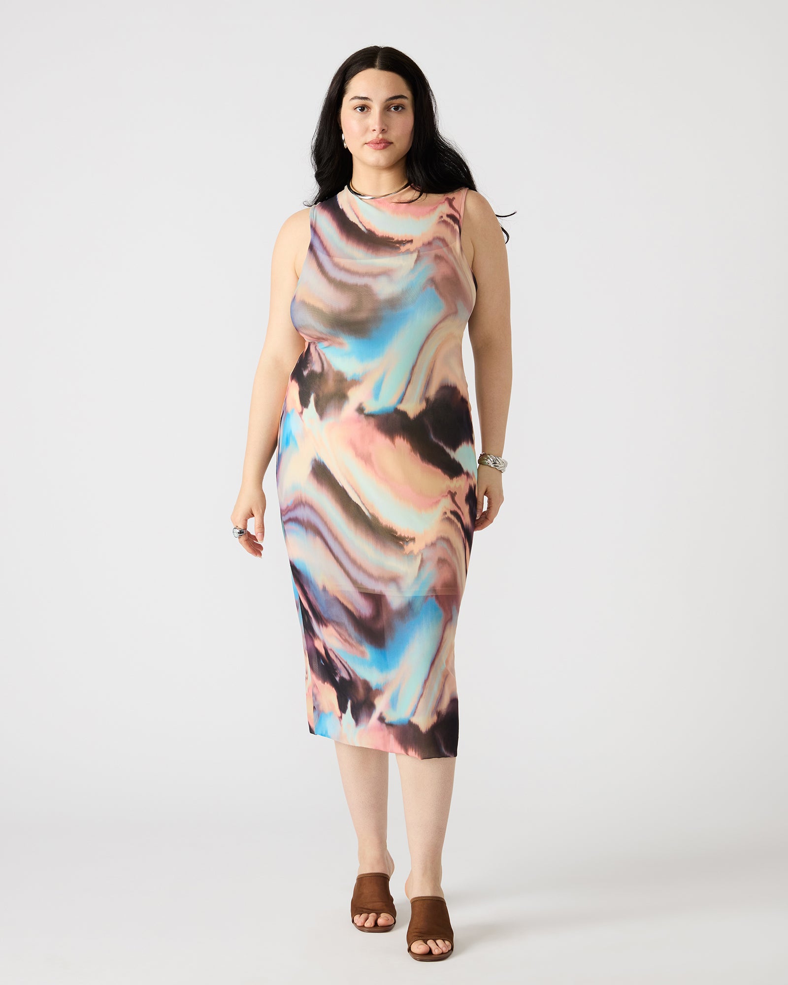 Front view of vibrant tie-dye midi dress ideal for casual events.