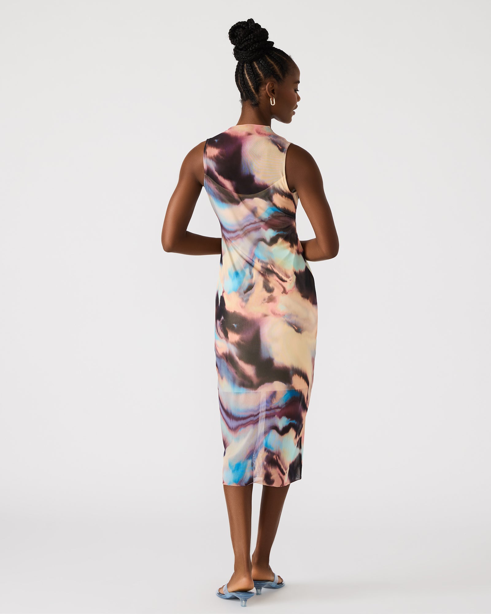 Front view of vibrant tie-dye midi dress ideal for casual events.