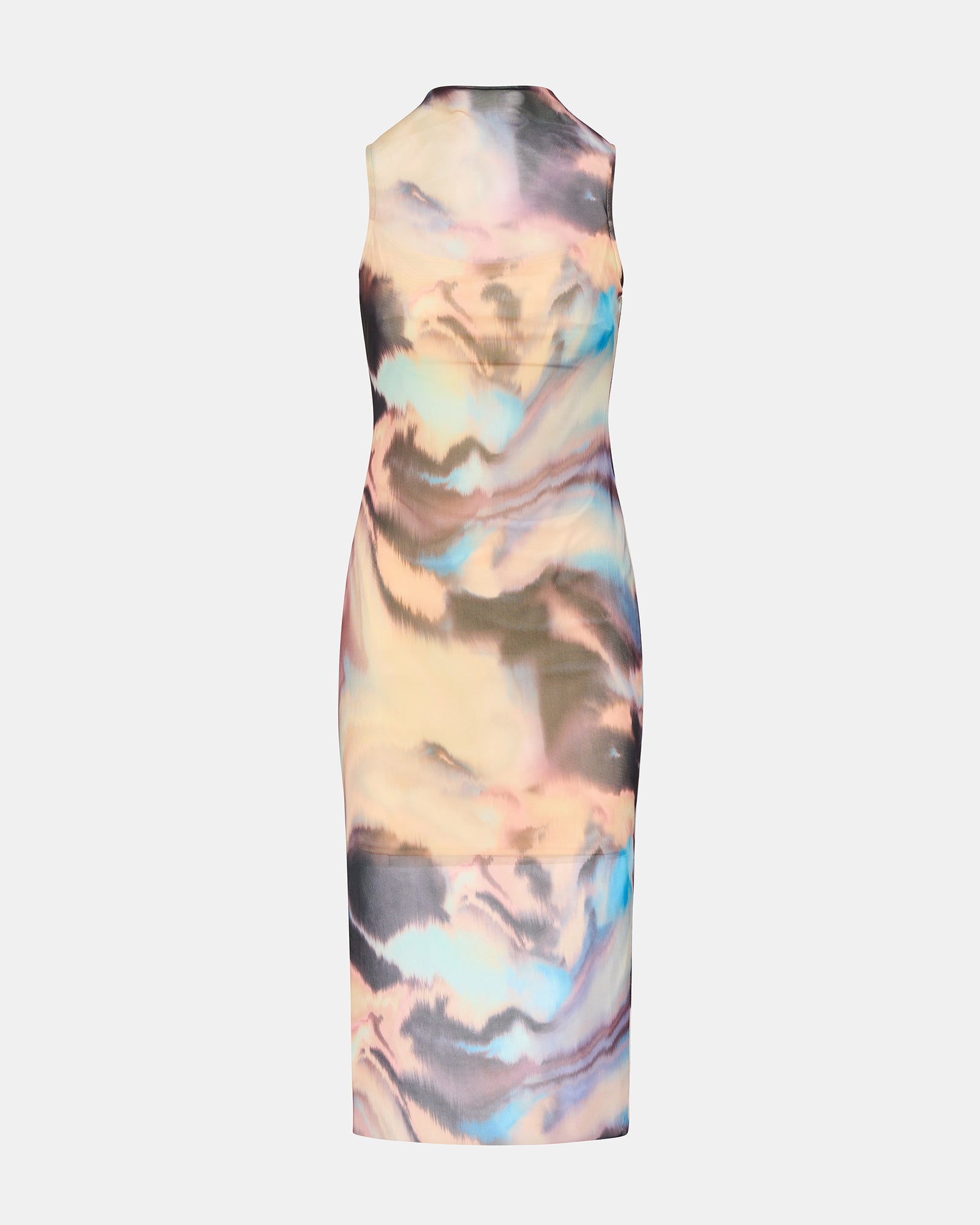 Front view of vibrant tie-dye midi dress ideal for casual events.