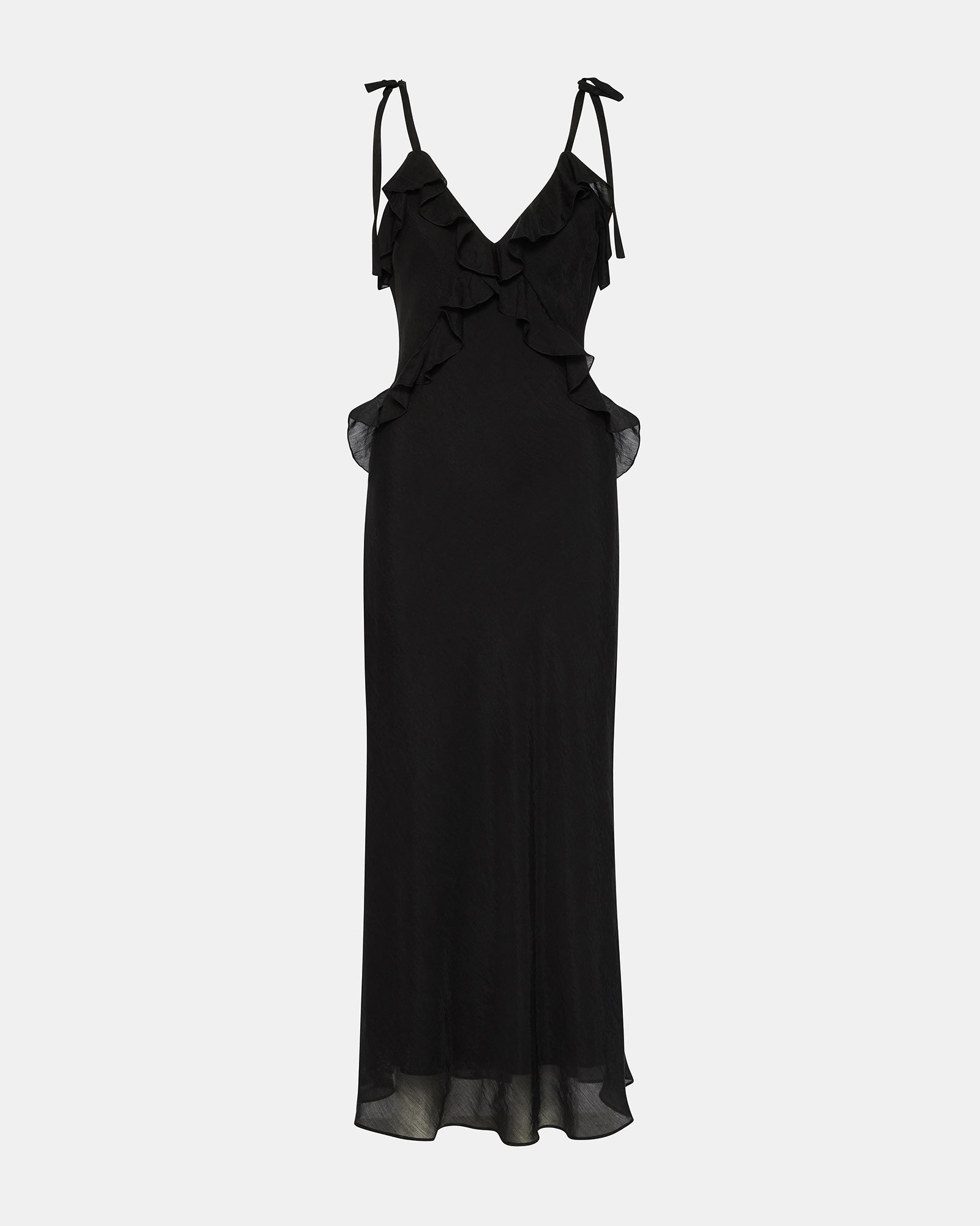Back angle of black and white maxi dress with adjustable straps for a tailored fit