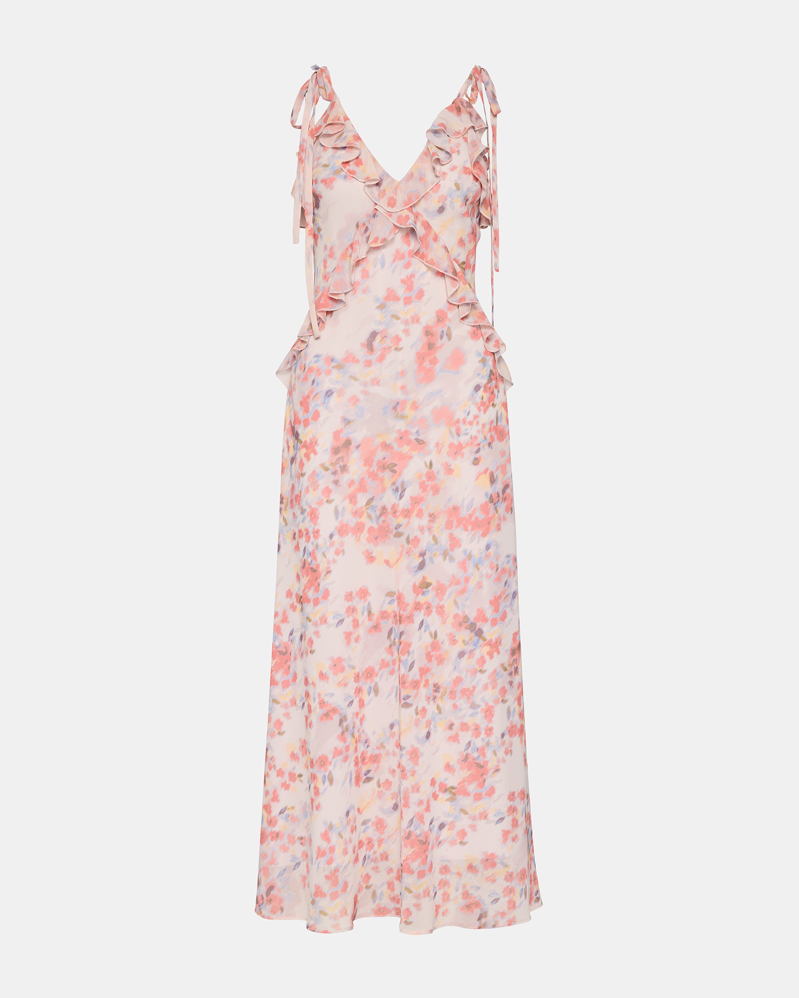 Front view of a lavender ruffle maxi dress on a model at a garden party.