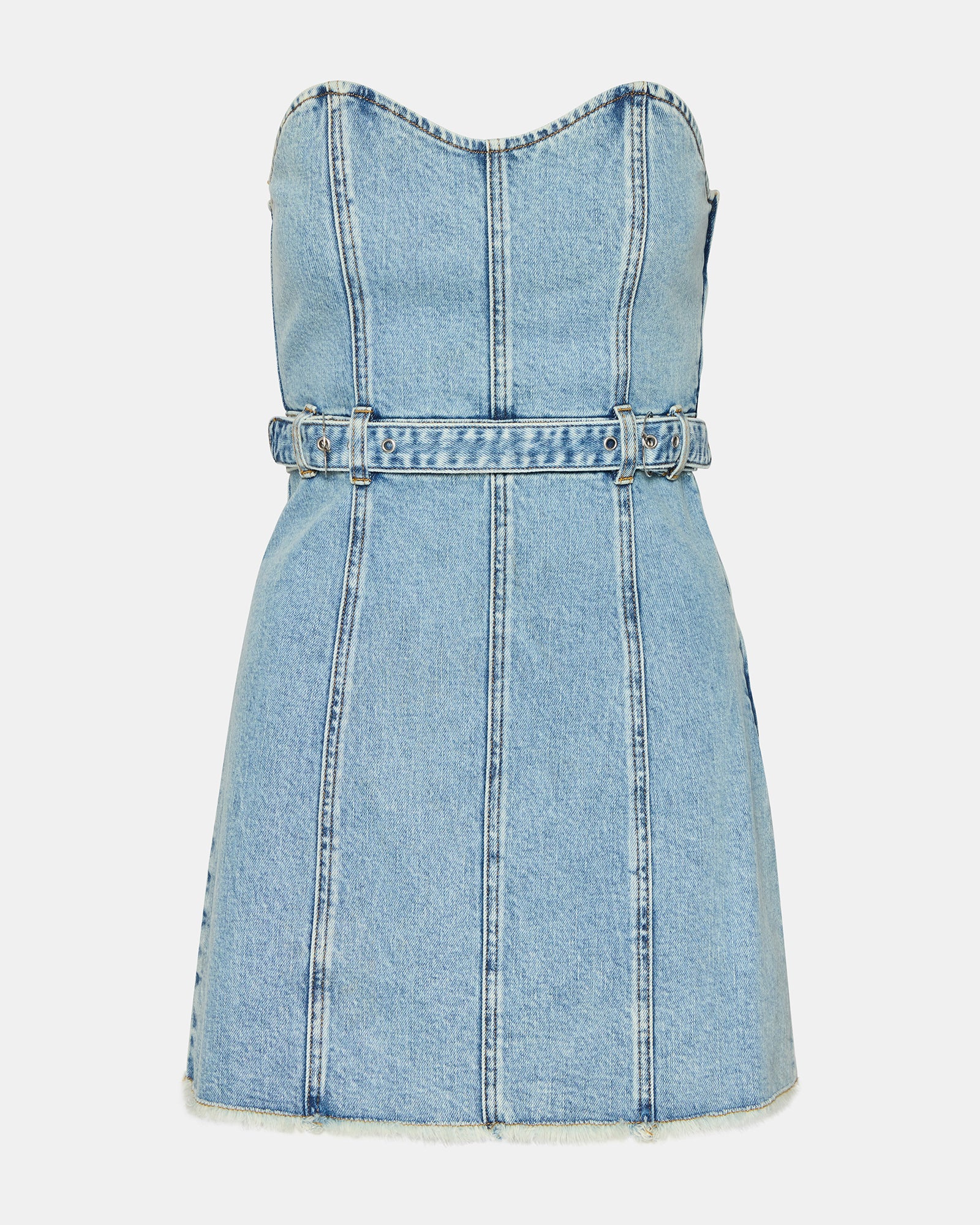Matilda denim mini dress front view on hanger