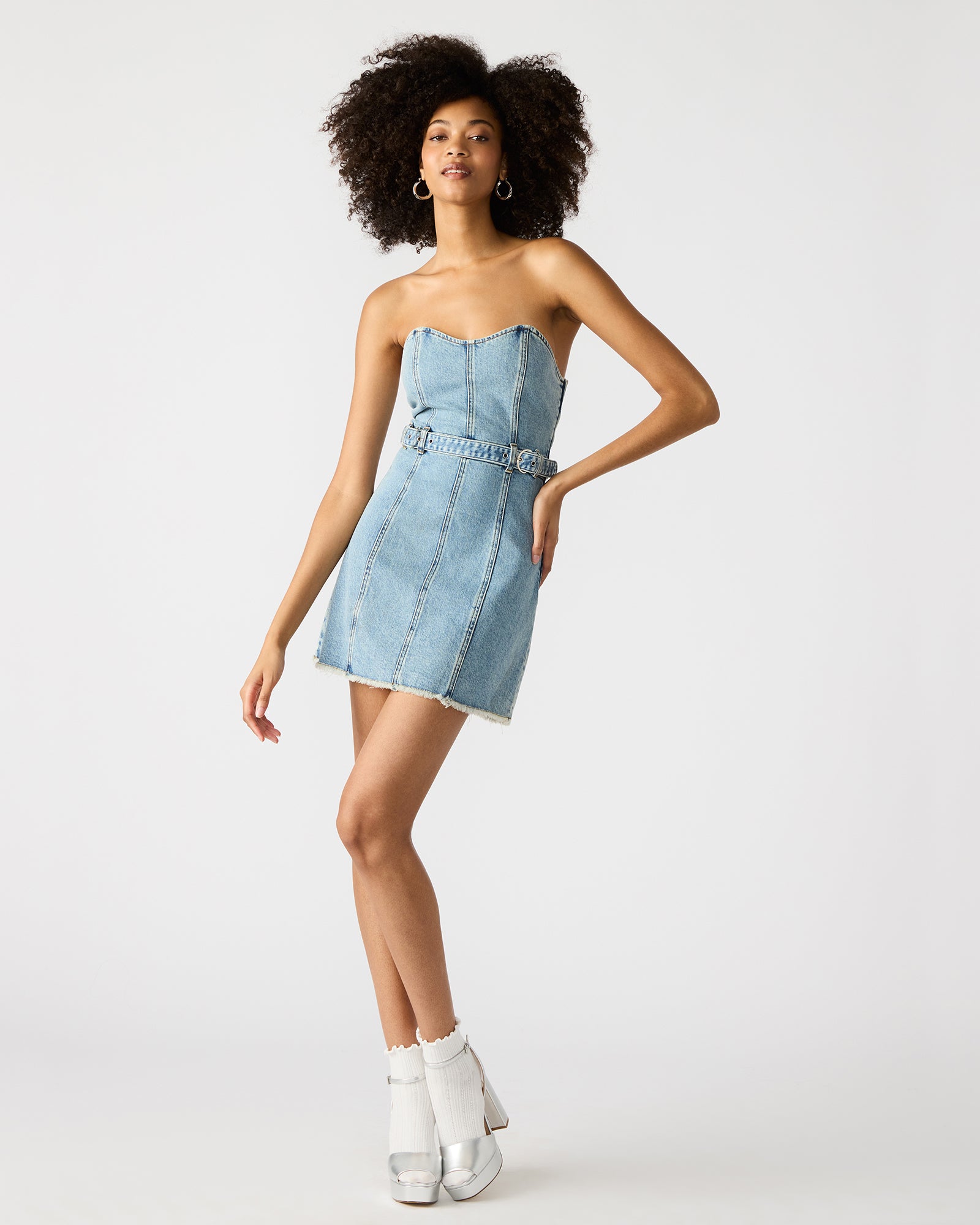 Matilda denim mini dress front view on hanger