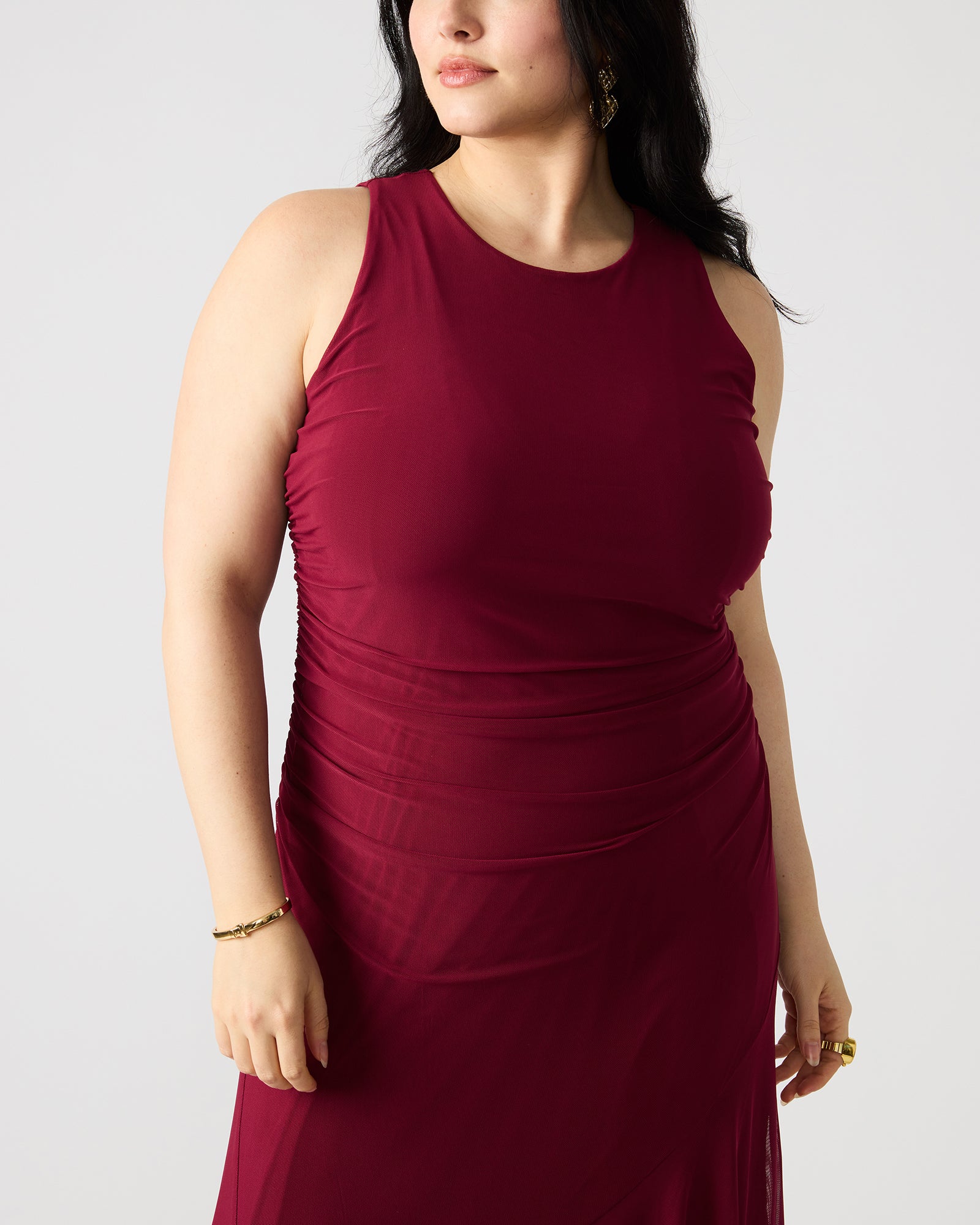 Laney red summer dress front view, showcasing flowy design and sleeveless cut