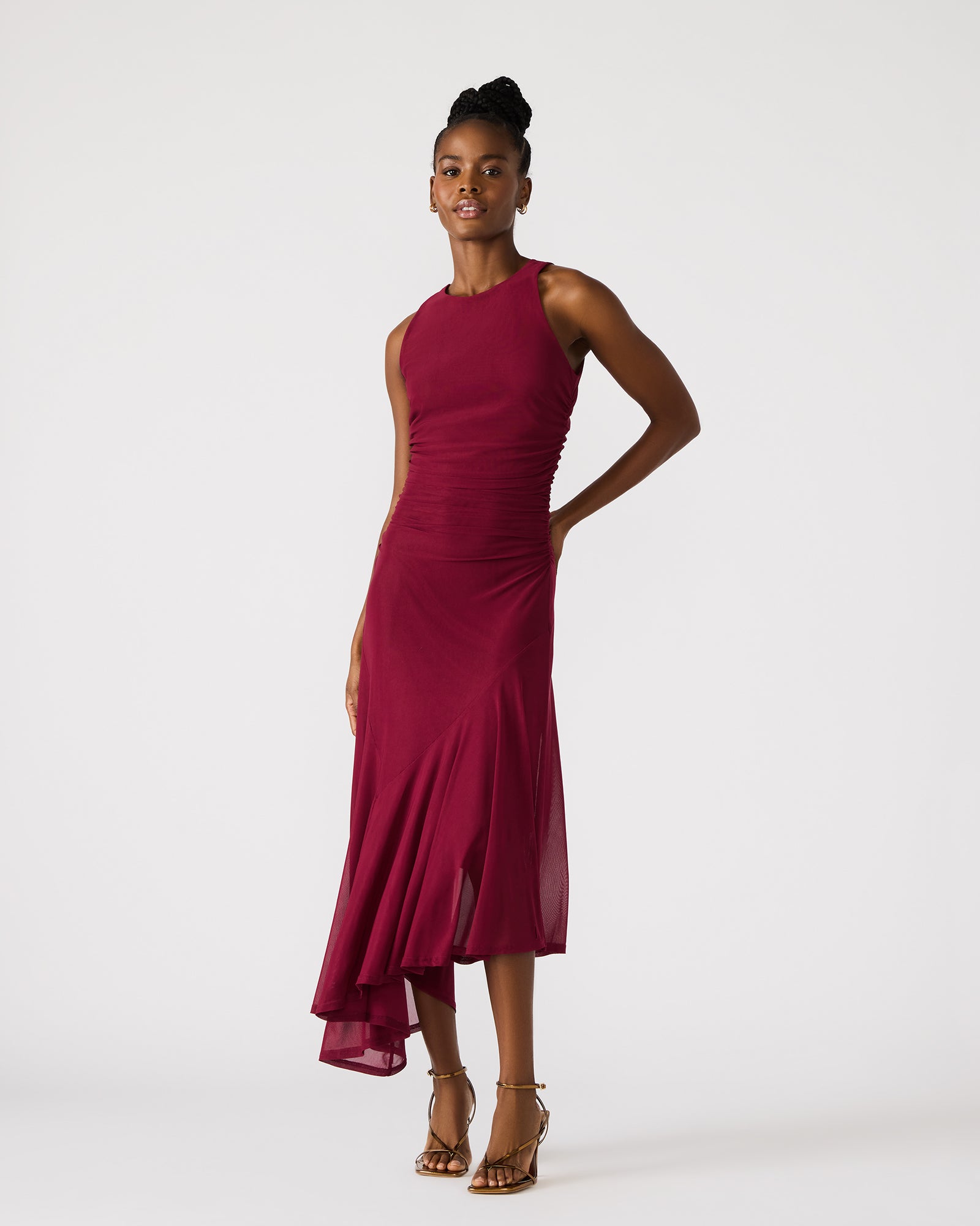 Laney red summer dress front view, showcasing flowy design and sleeveless cut
