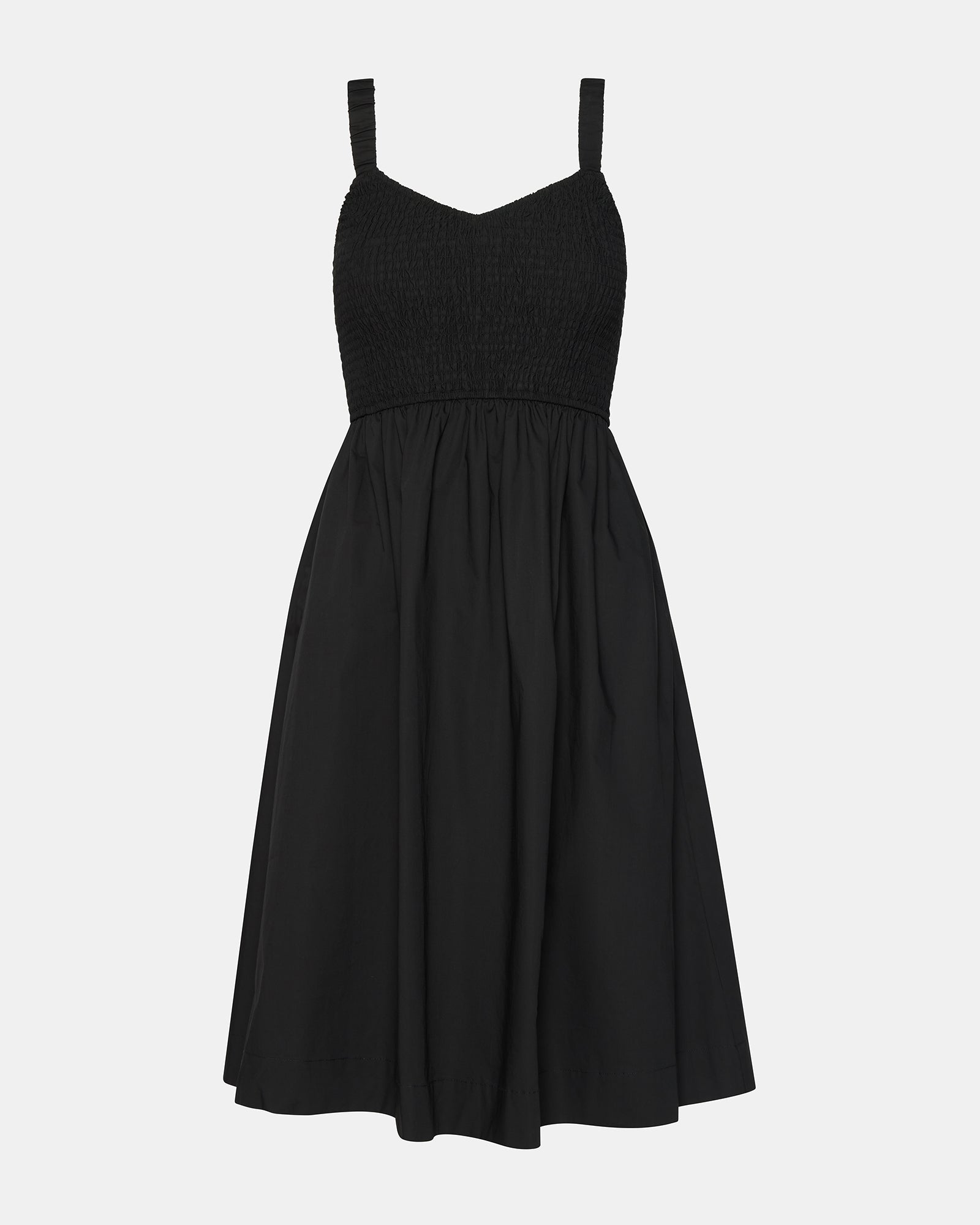Black cotton midi dress draped elegantly on a model, showcasing smocked detail