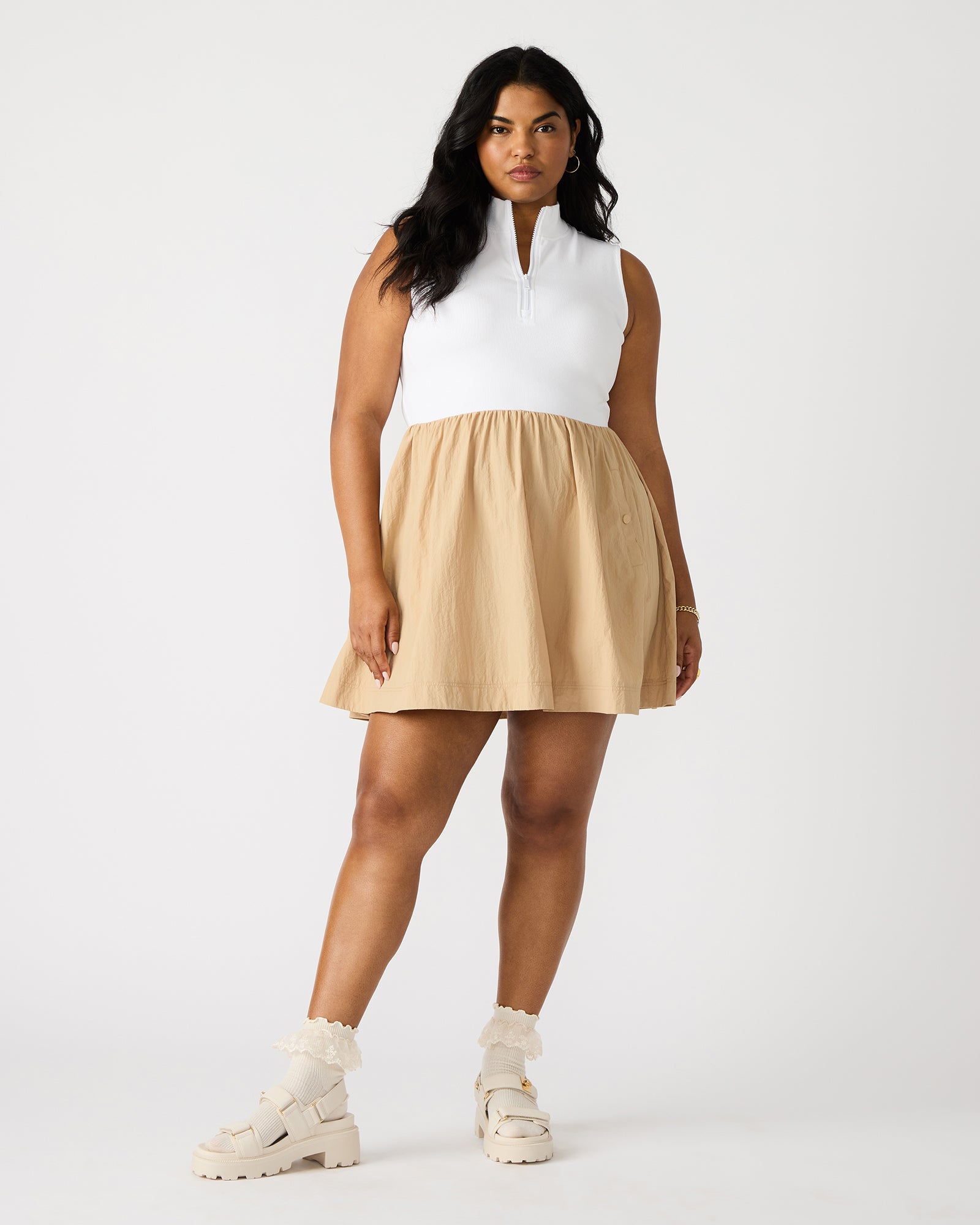 Front view of taupe Lyon dress showcasing collared neckline and quarter-zip closure.
