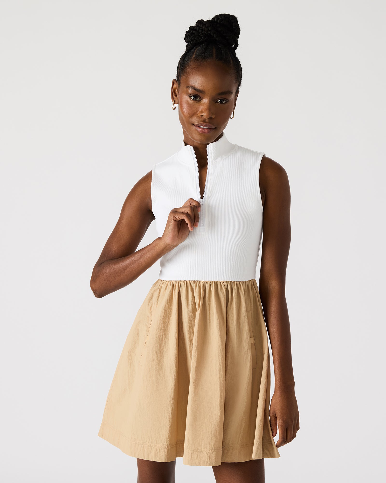 Front view of taupe Lyon dress showcasing collared neckline and quarter-zip closure.