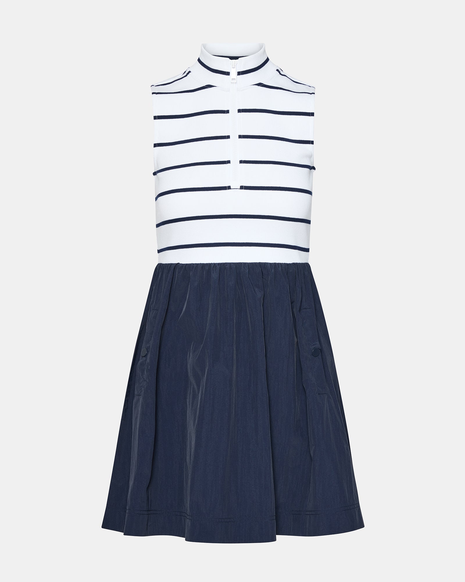 Detail shot of the fabric and high-quality material used in the Lyon Navy dress