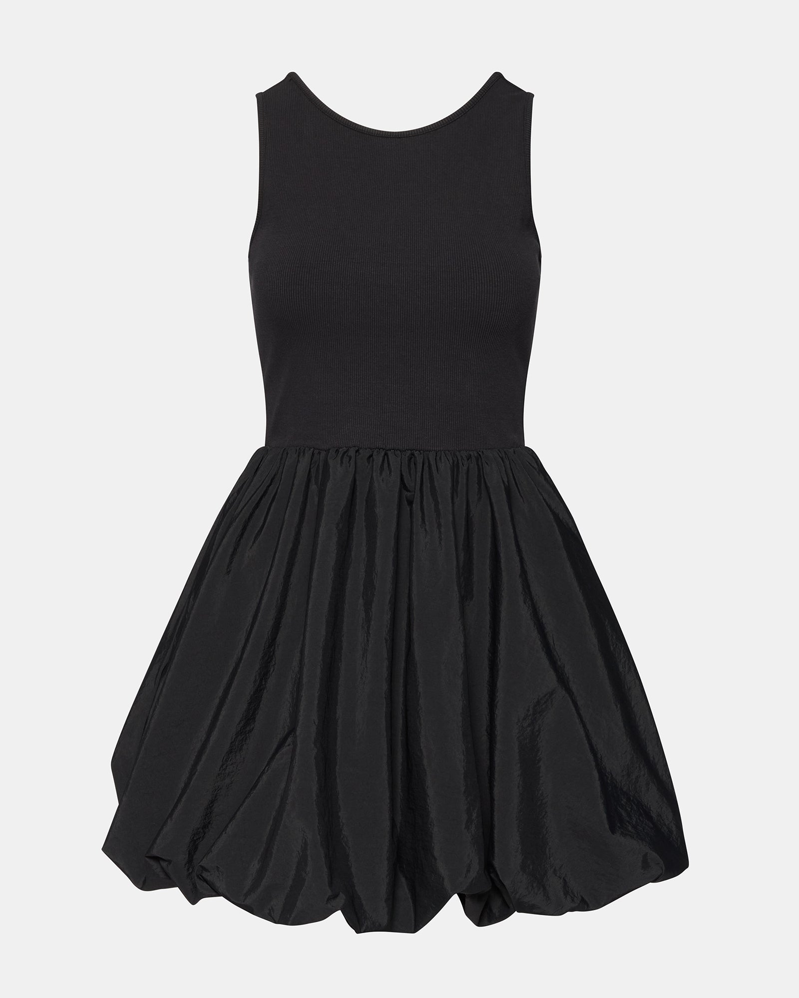 Model wearing a stylish black strapless mini dress suitable for evening events.