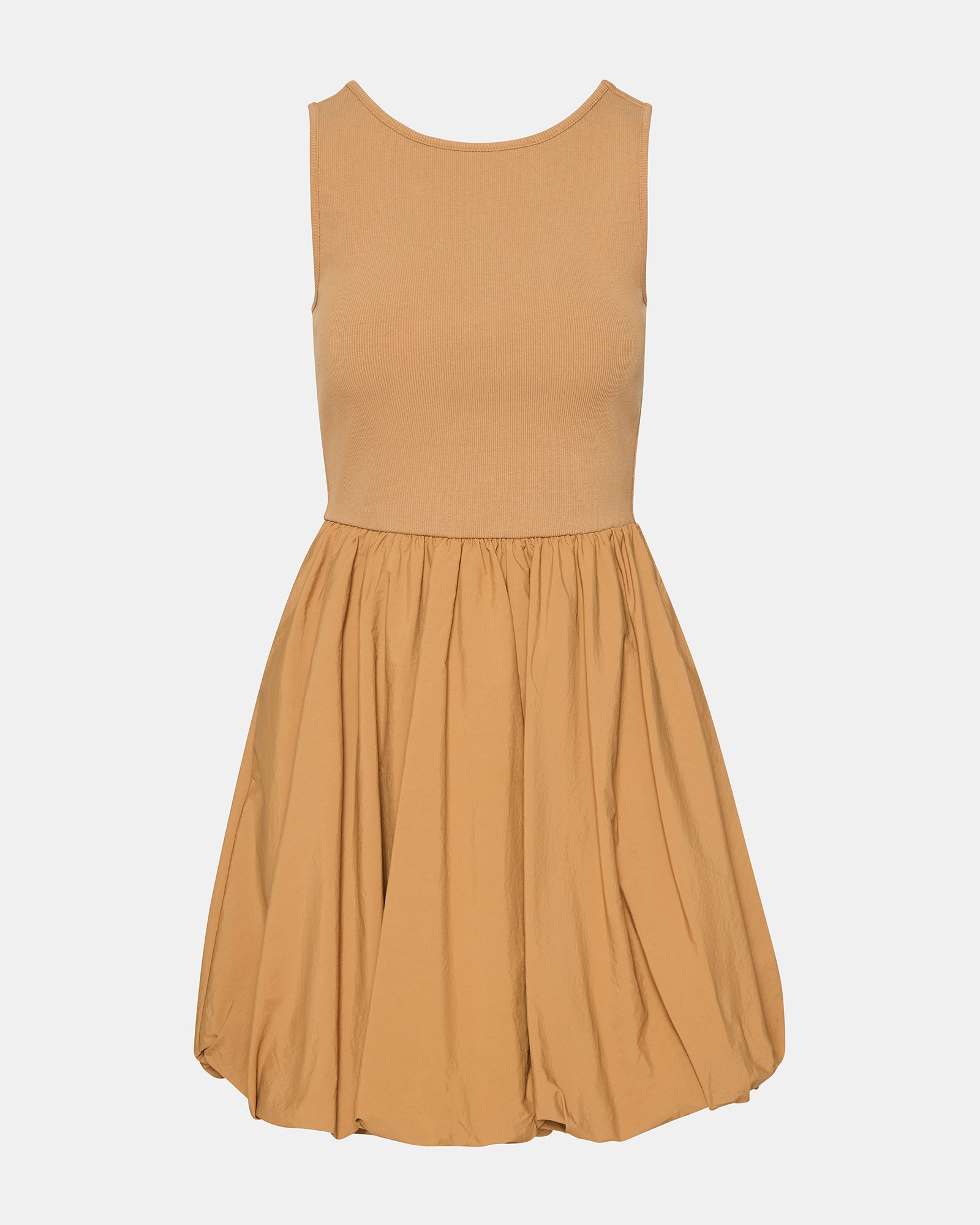 Front view showing sleeveless mini dress fit on a model outdoors