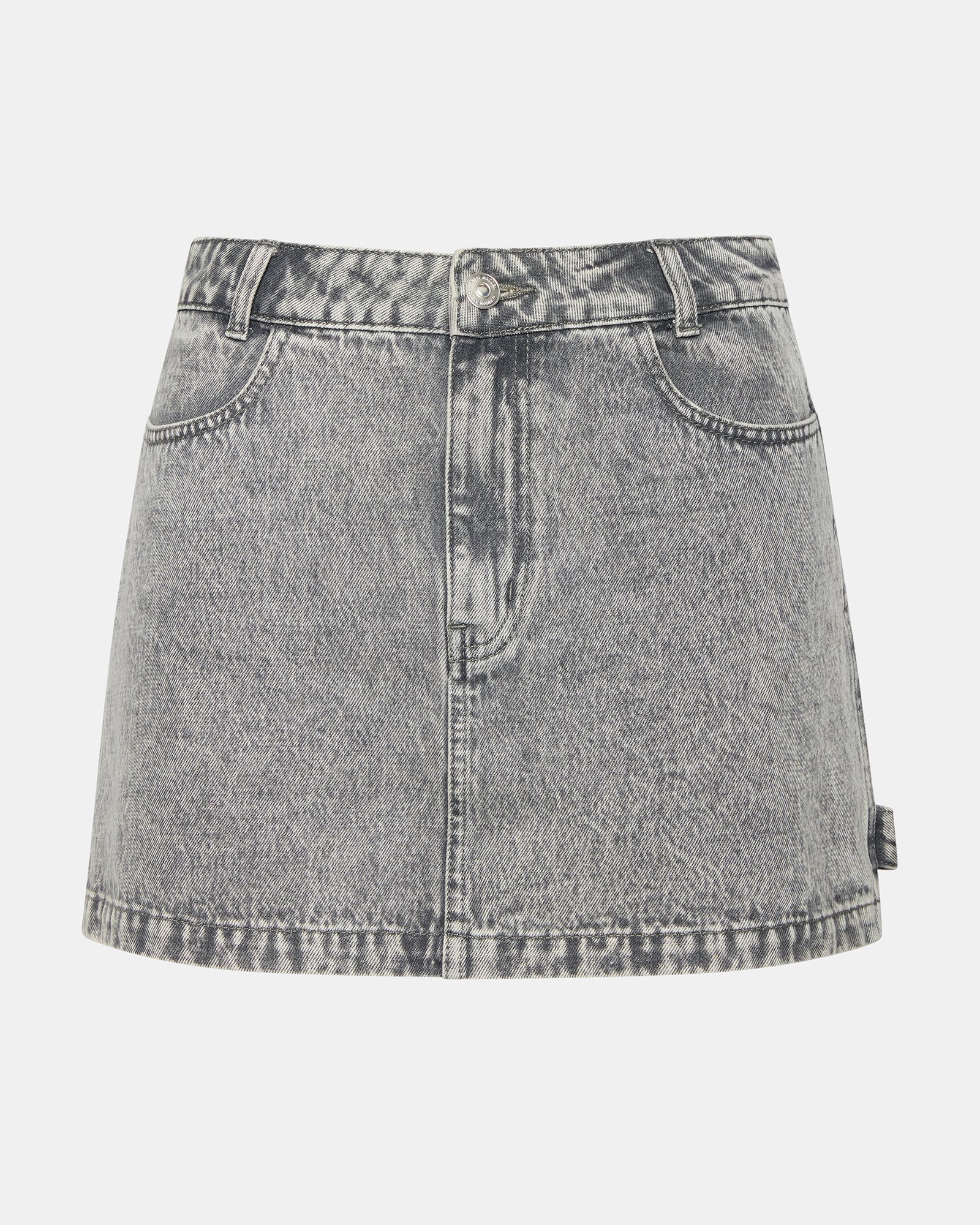 Back view of the light grey denim skirt highlighting its stylish design.