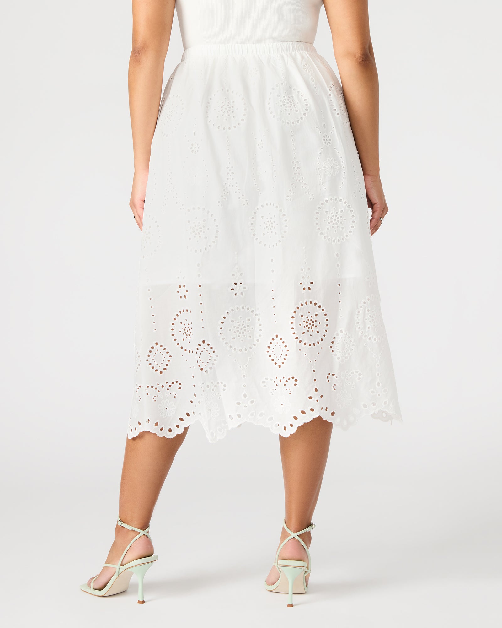 Close-up of lace midi skirt white showing scalloped hem and cotton texture