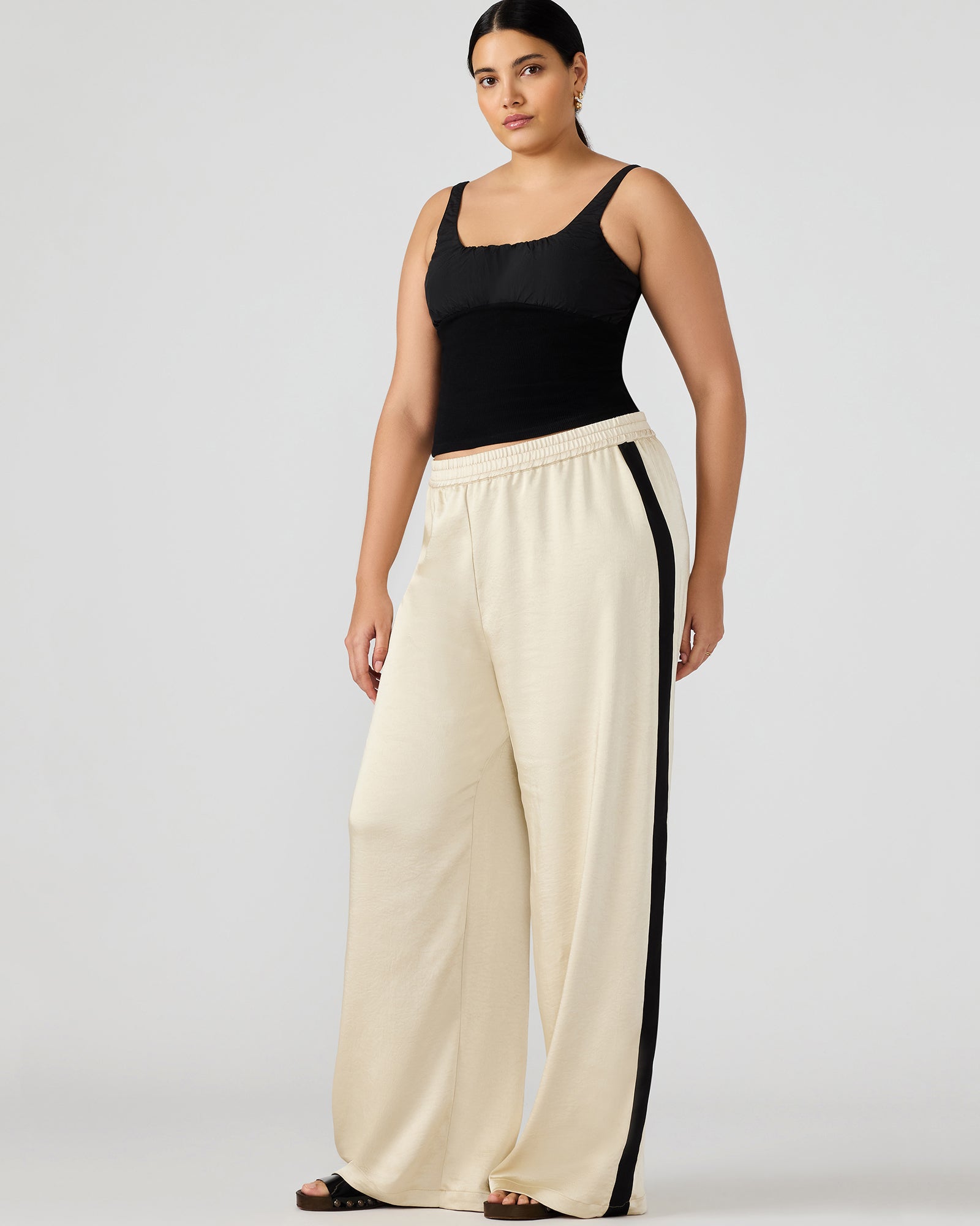 Front view of Moxie pull-on pants showcasing contrast panel design.