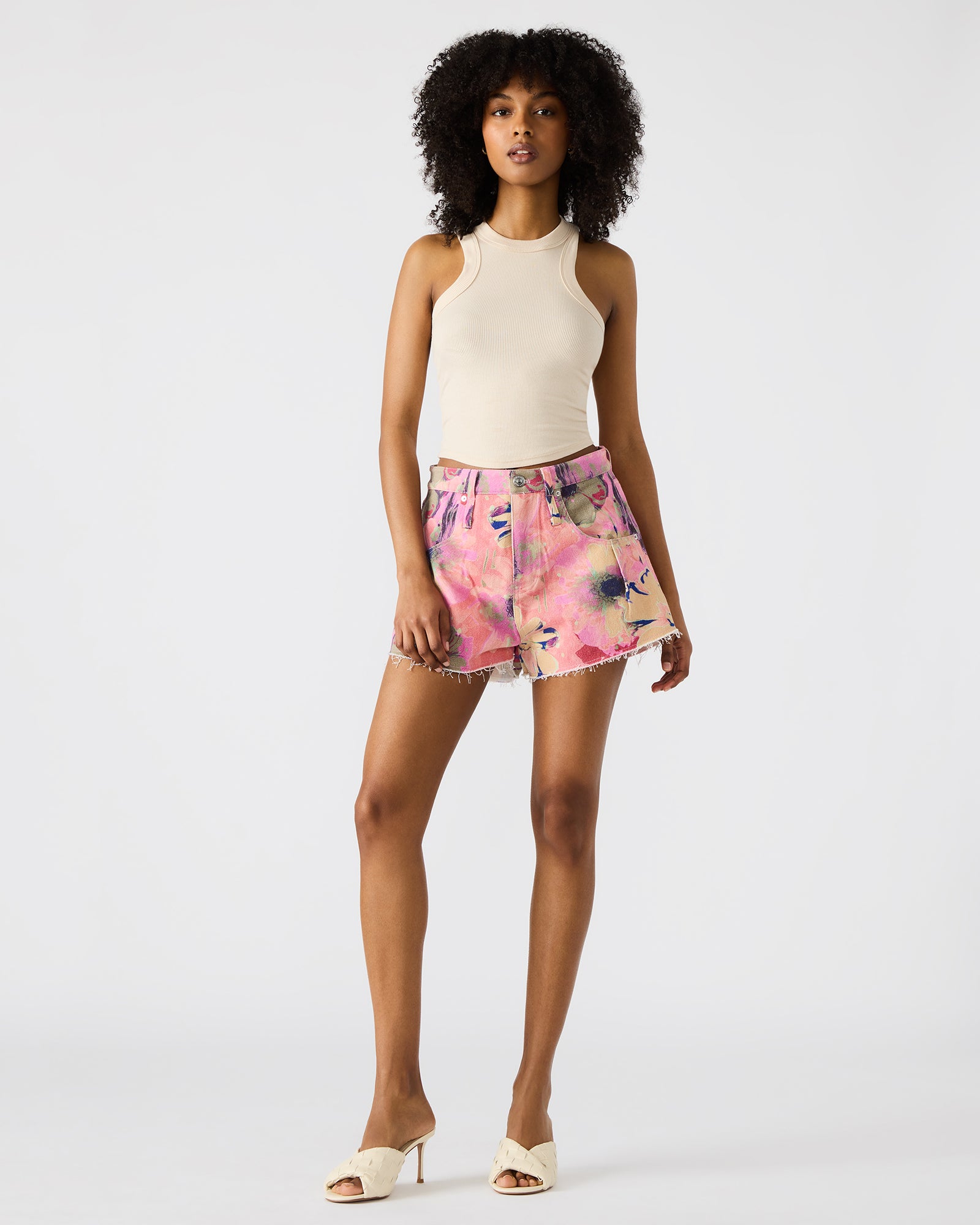 Front view of Damiani floral summer shorts for women, showcasing vibrant print.