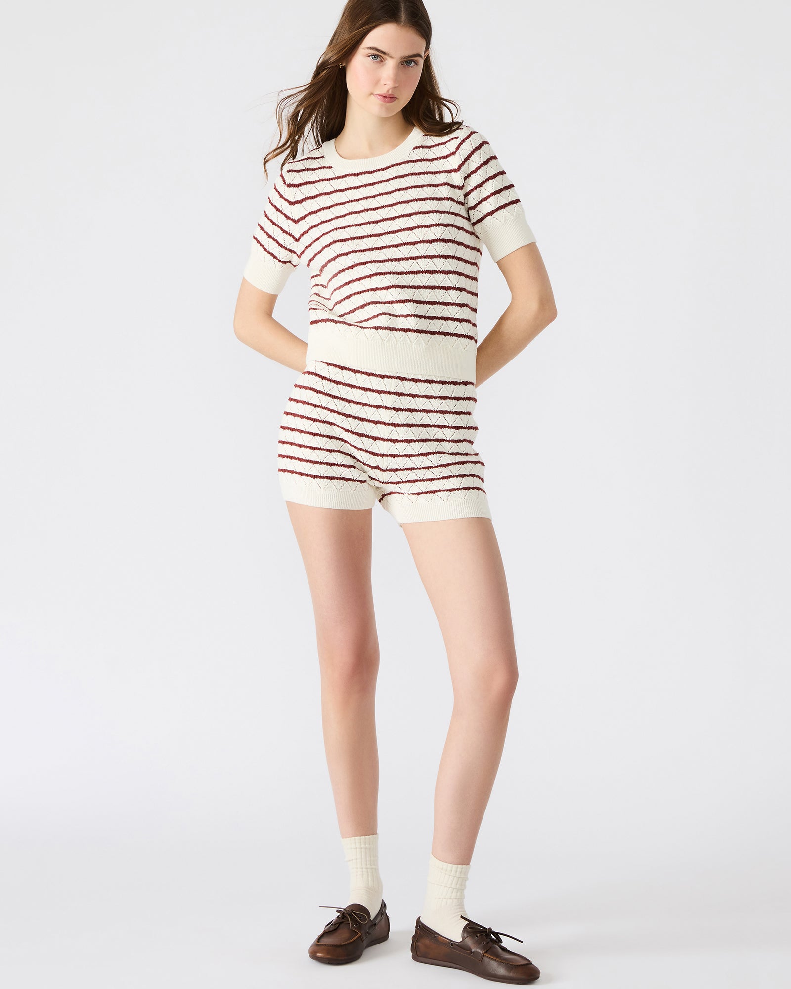Front view of Norris knit shorts set in cream, showcasing the striped pattern.