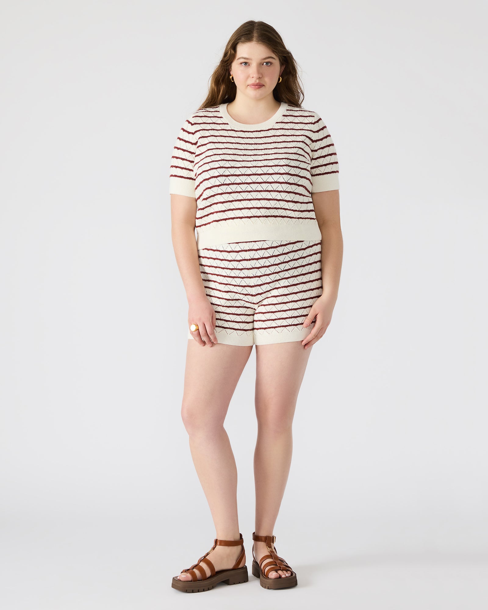 Model wearing Norris knit shorts set, ideal for summer lounging.
