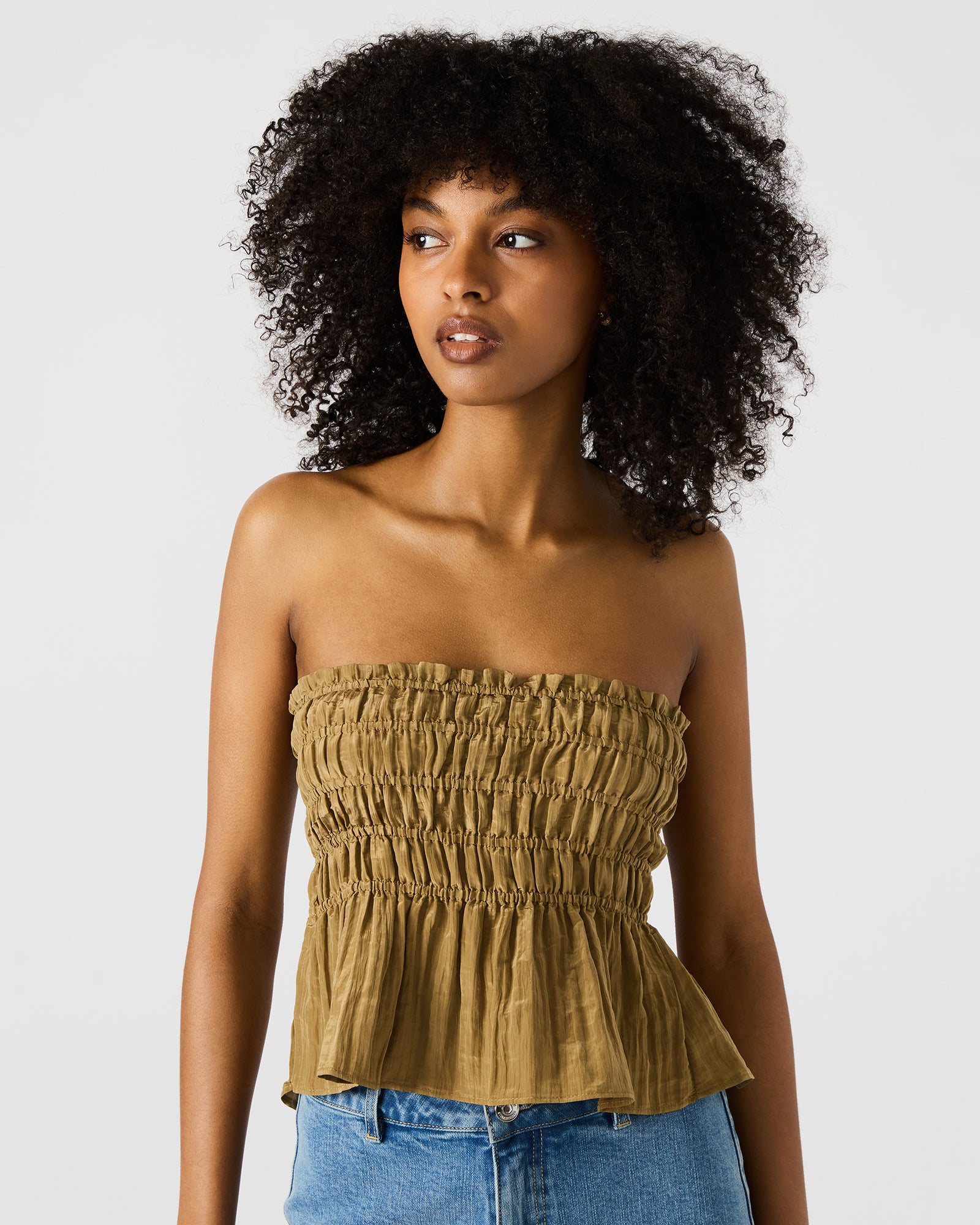 Front view of the olive green strapless ruched top with peplum detail