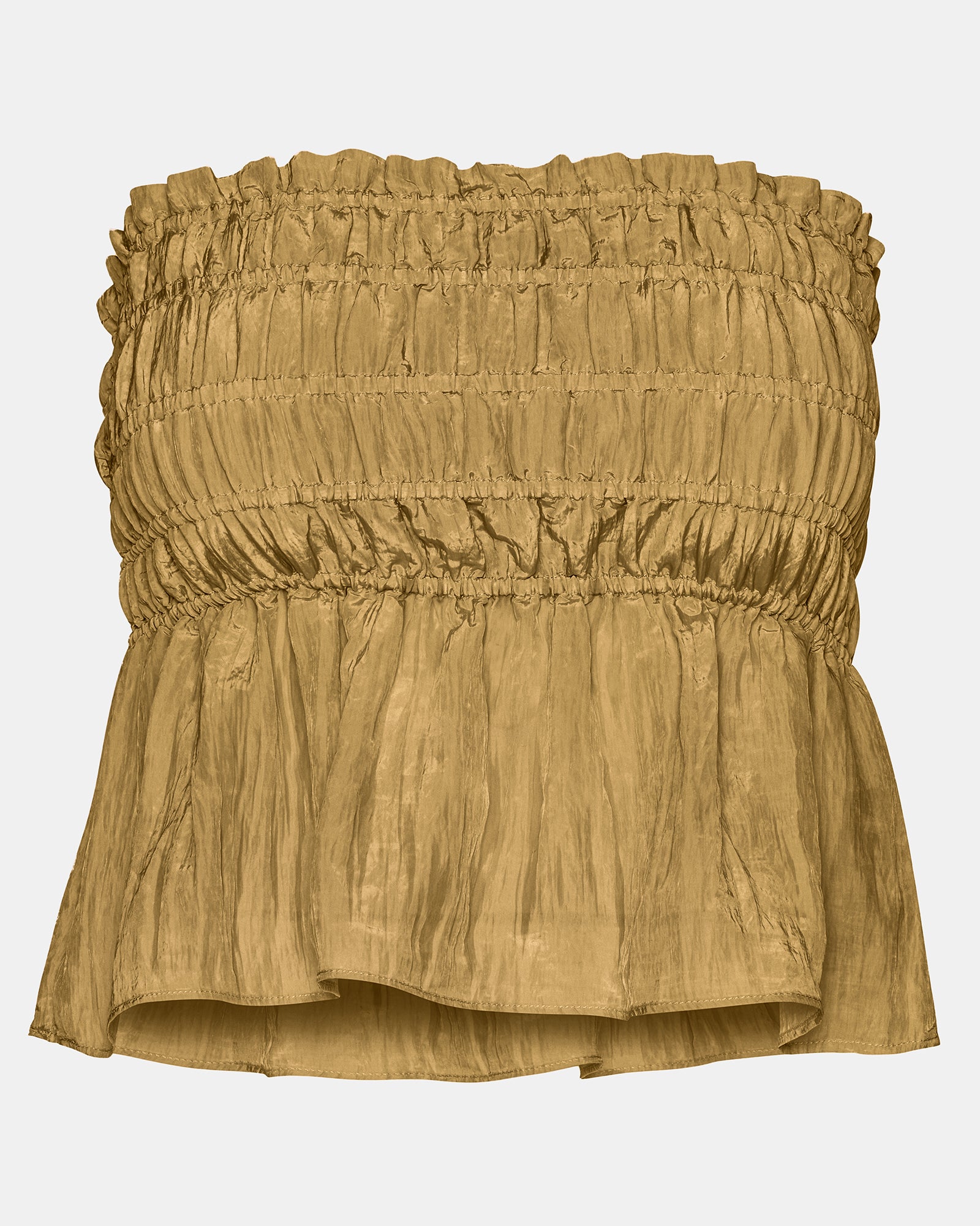 Front view of the olive green strapless ruched top with peplum detail