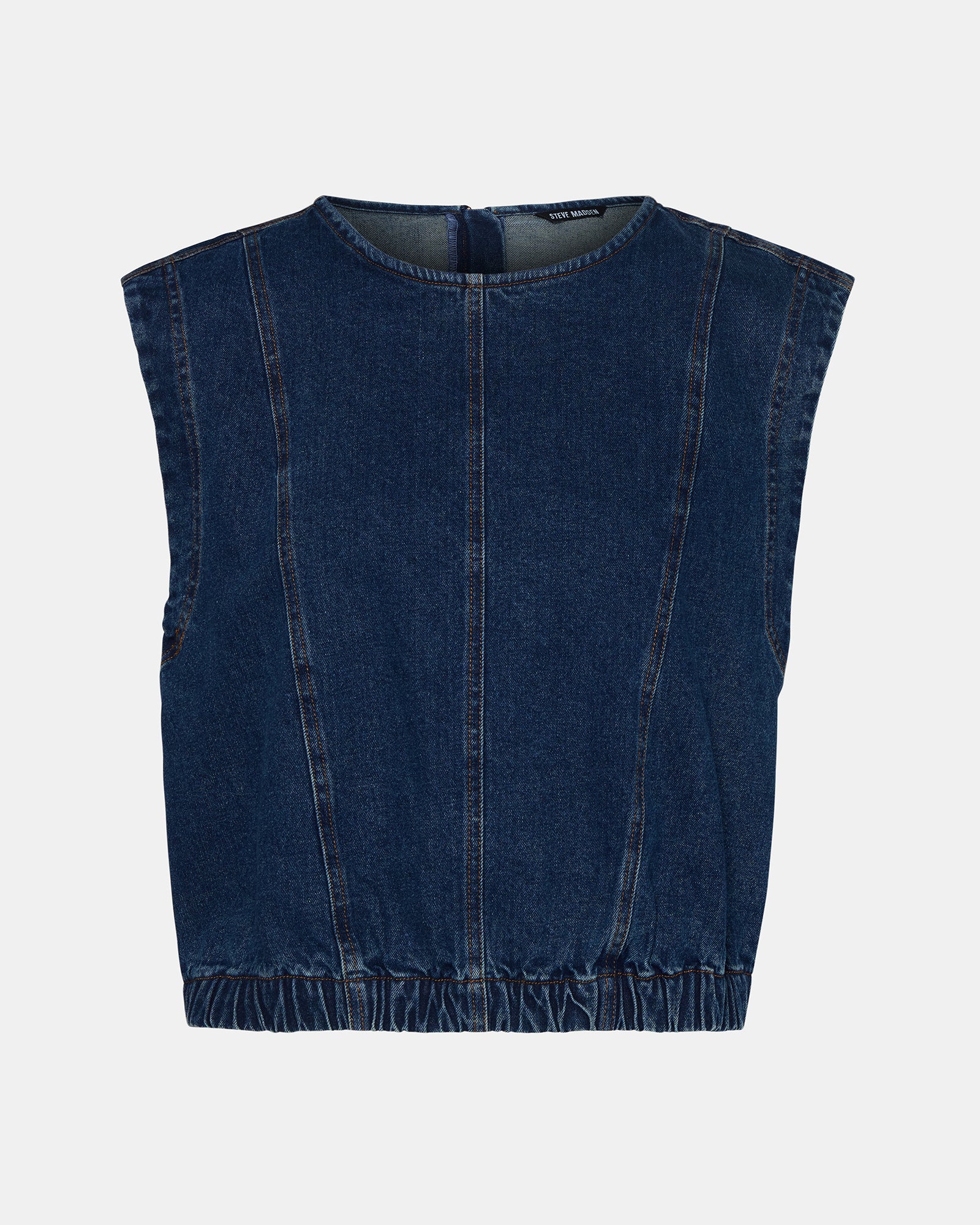 Close-up texture shot of denim corset top material highlighting stitching and wash.