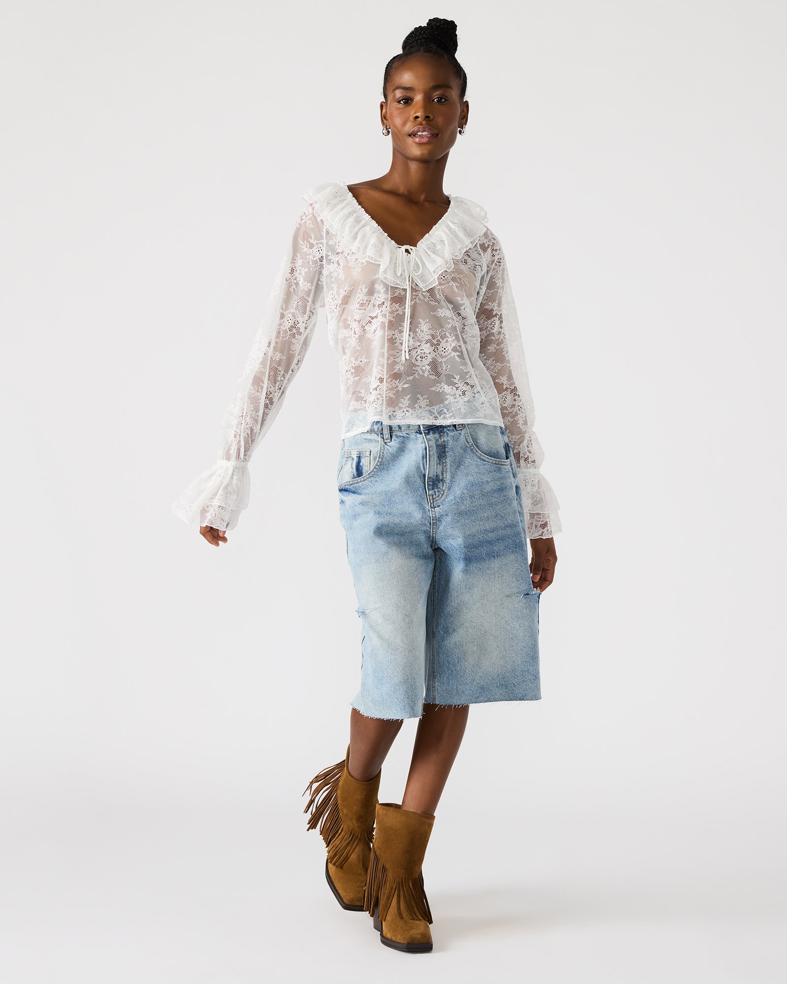 Close-up of the lace on blouse fabric highlighting delicate craftsmanship and feminine style