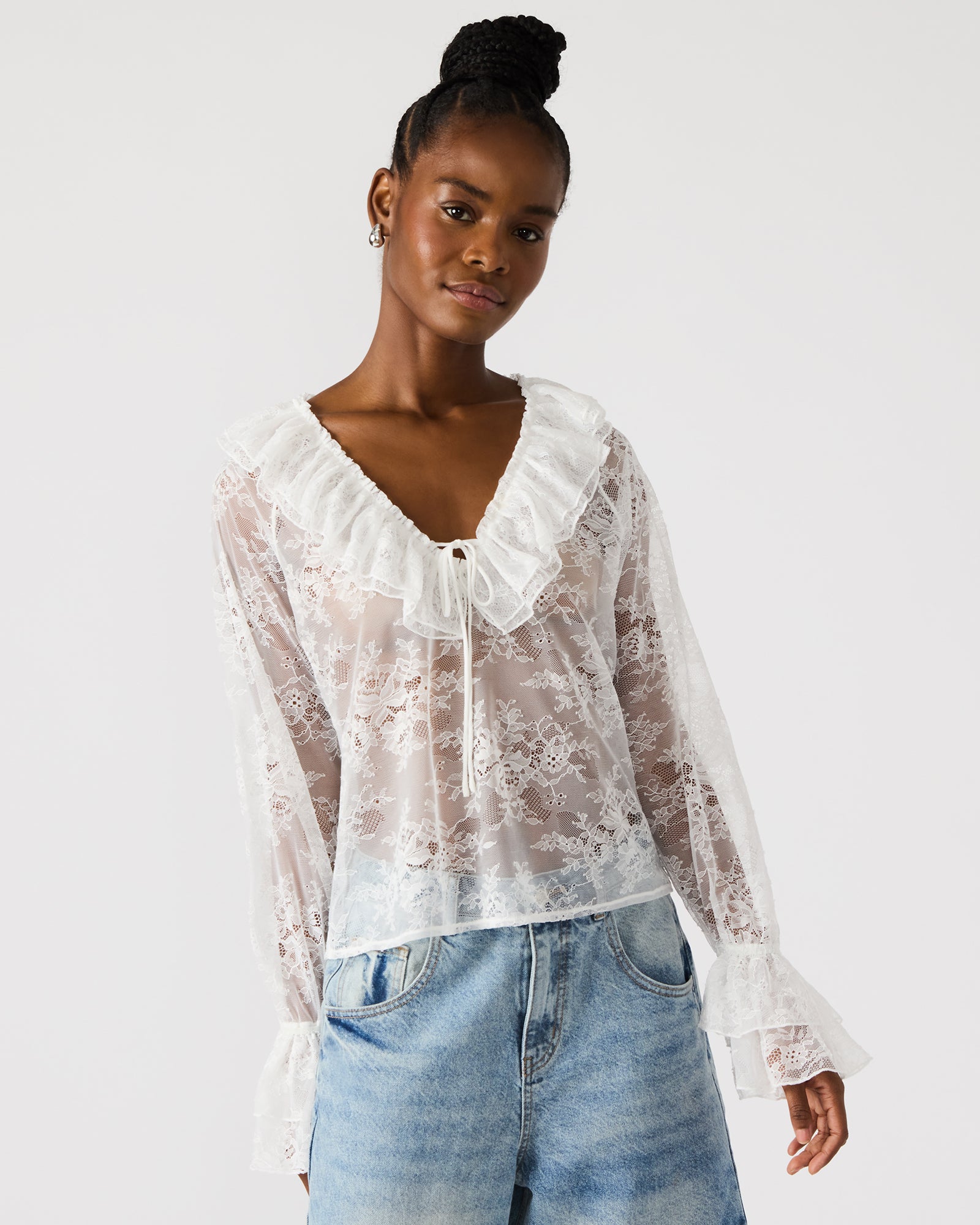 Front view of the Hampton white lace blouse with ruffle sleeves, ideal for elegant women's tops