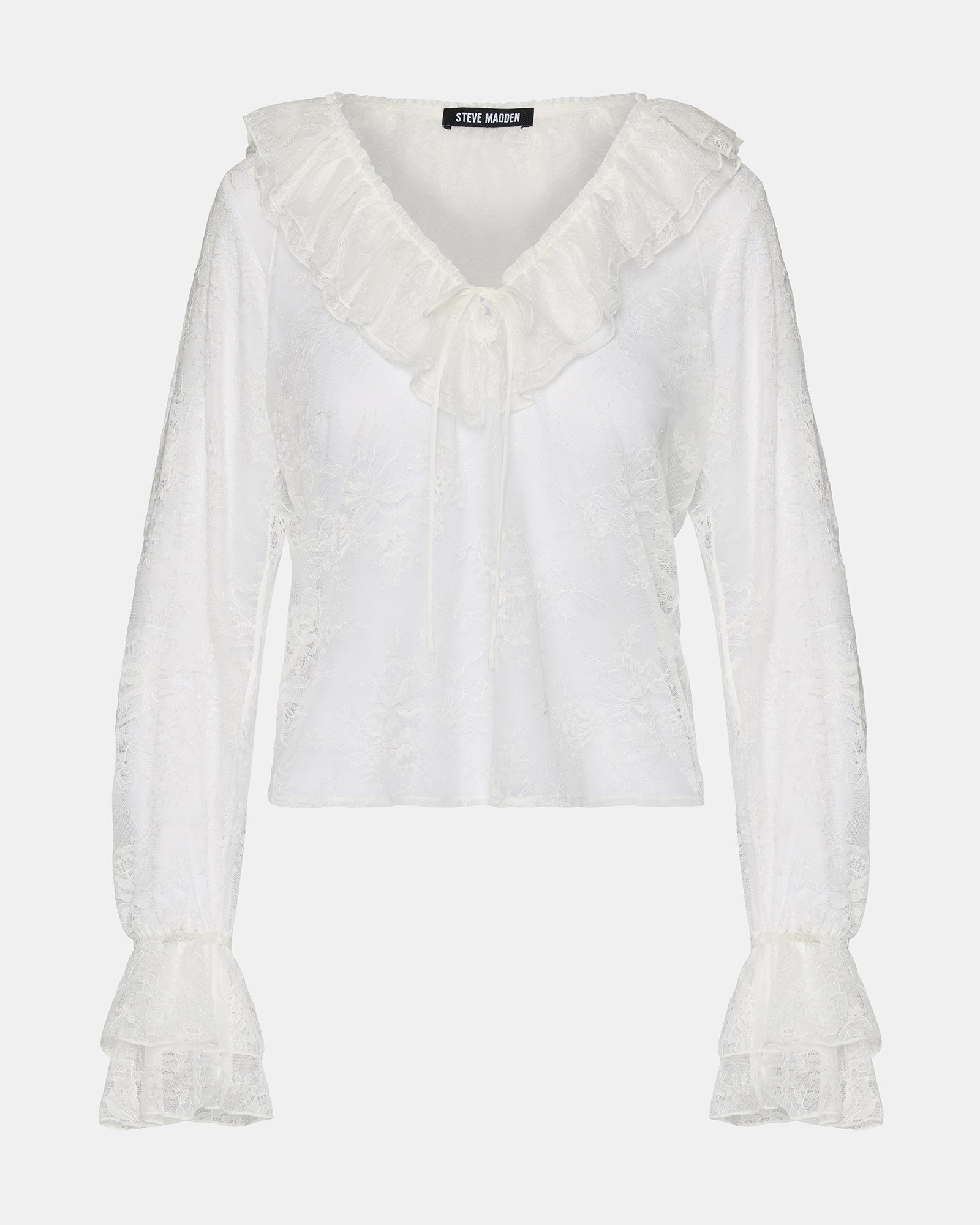 Model wearing the Hampton lace blouse with long sleeves and intricate lace details