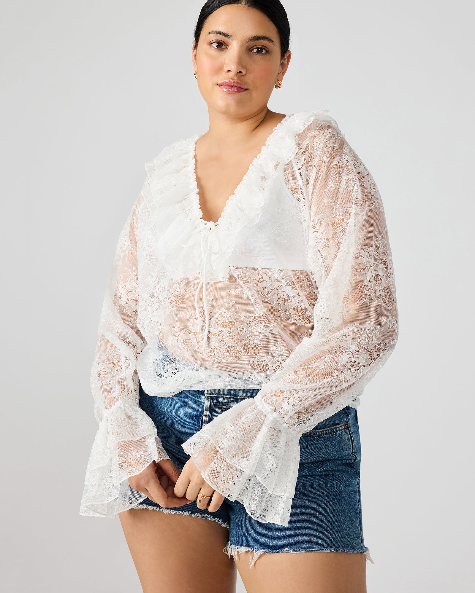 Close-up of the lace on blouse fabric highlighting delicate craftsmanship and feminine style
