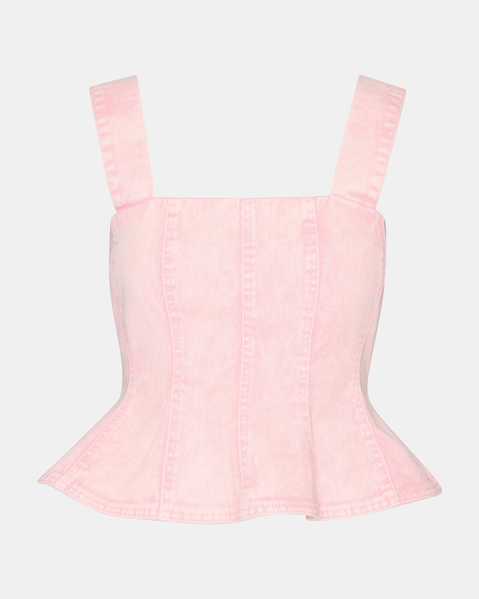 Model wearing Penelopi pink denim corset top with summer accessories