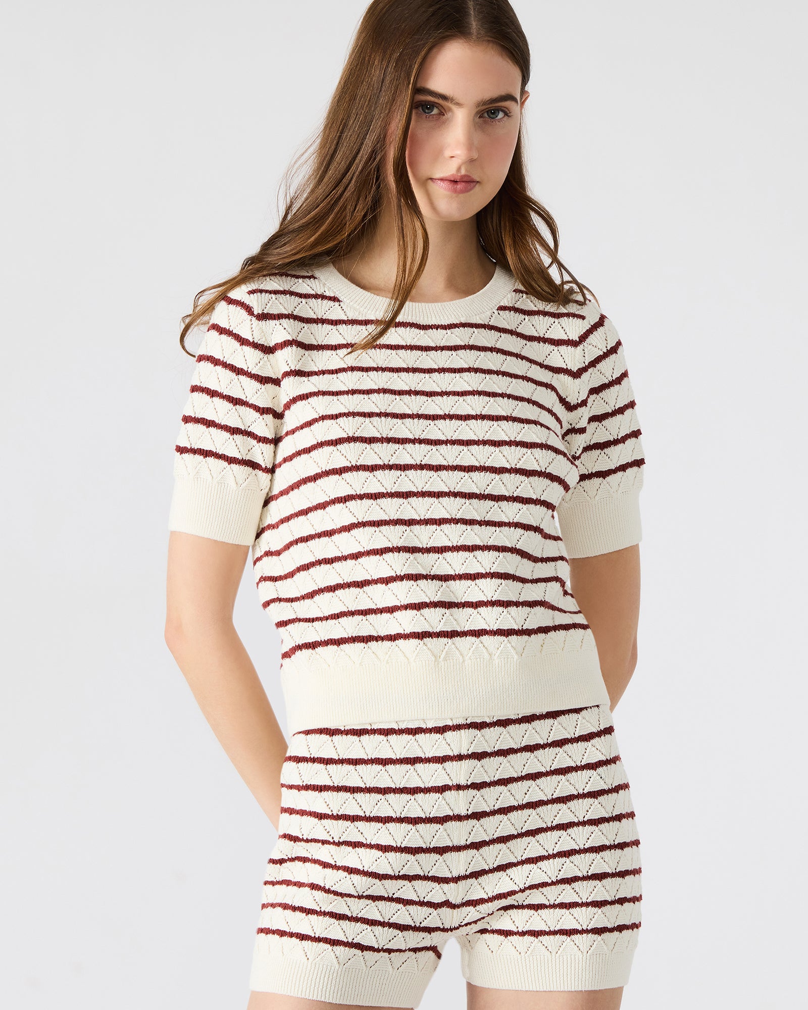 Front view of Norris Cream Knit Top on a model, ideal for casual outings.