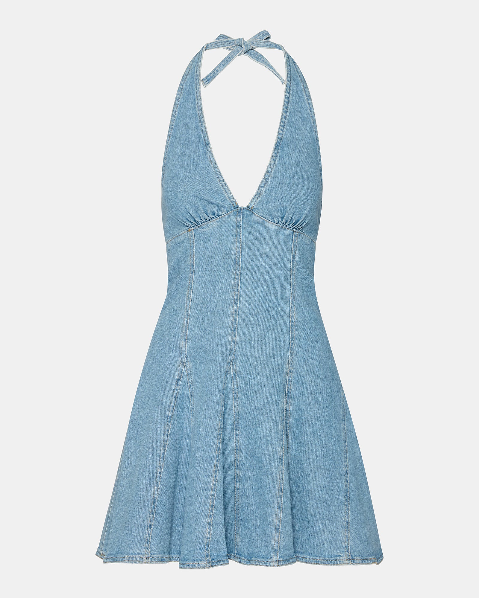Close-up of the halter neckline and back neck tie of the Malia dress.