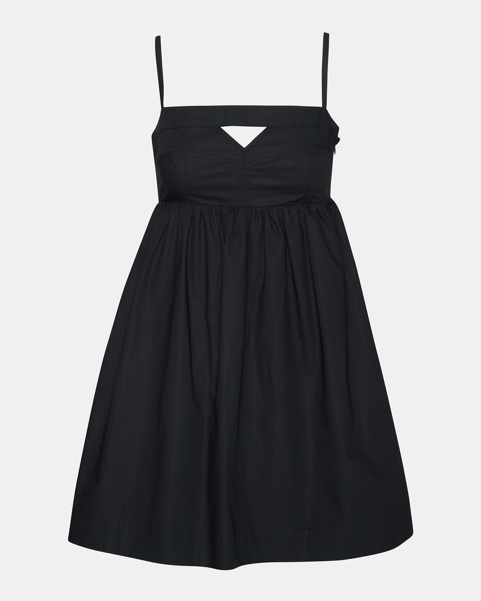 Side angle showing adjustable straps and flowy skirt of the black dress