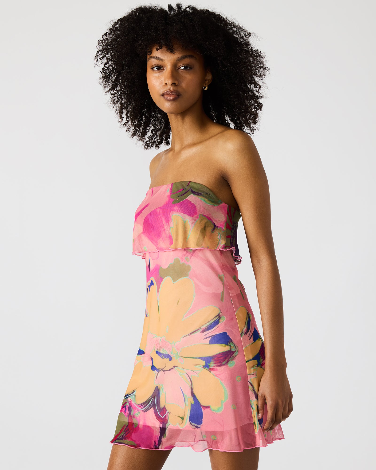 Back view of strapless summer dress with flowy silhouette