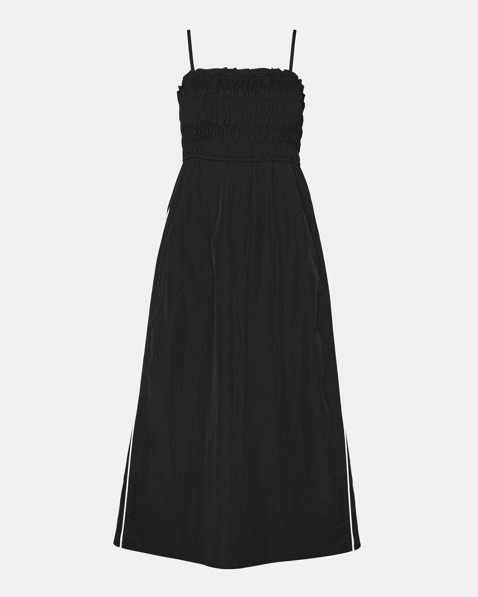 Front view of the black and white striped maxi dress showcasing the smocked top.