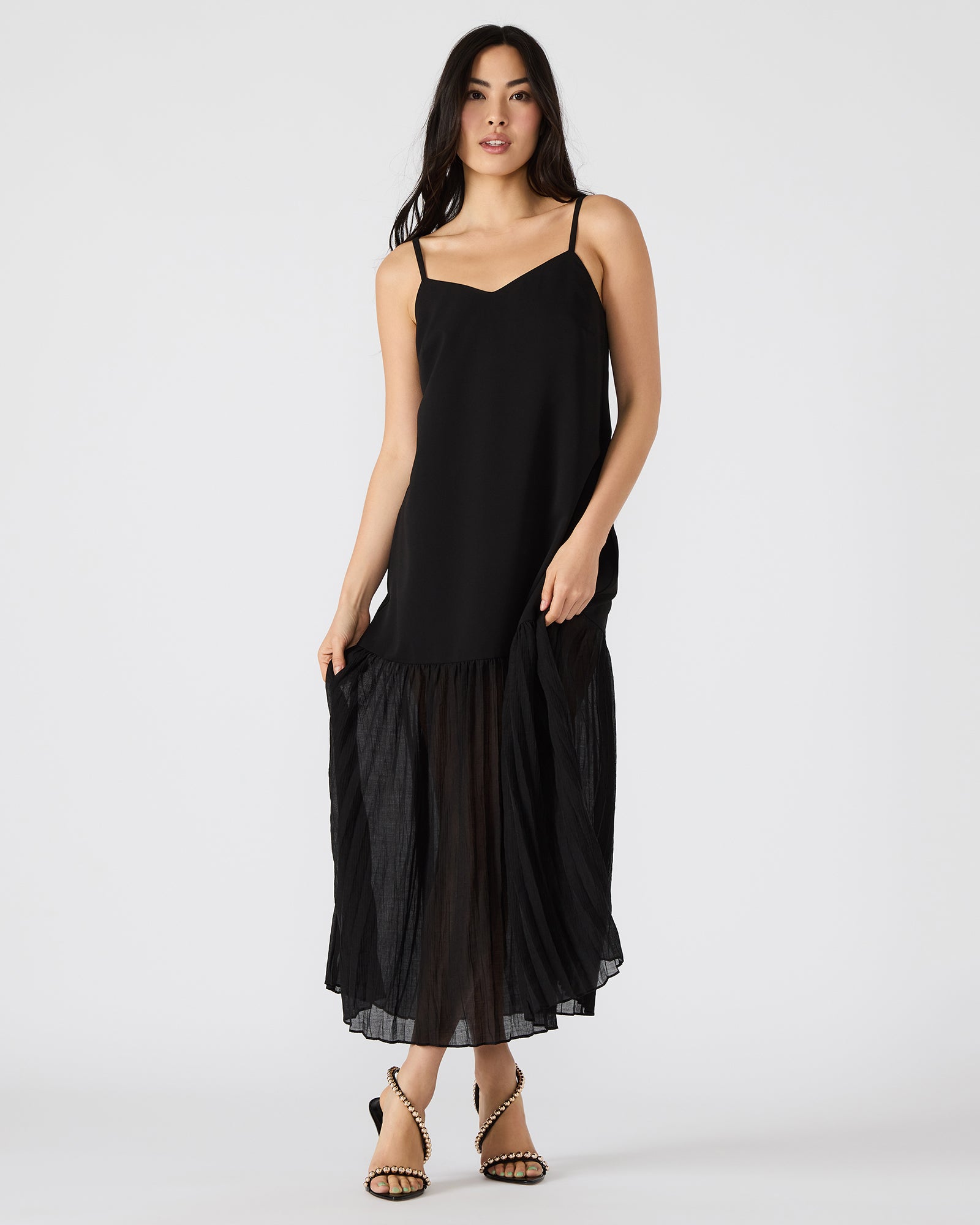 Front view of the black lace maxi dress with adjustable straps.