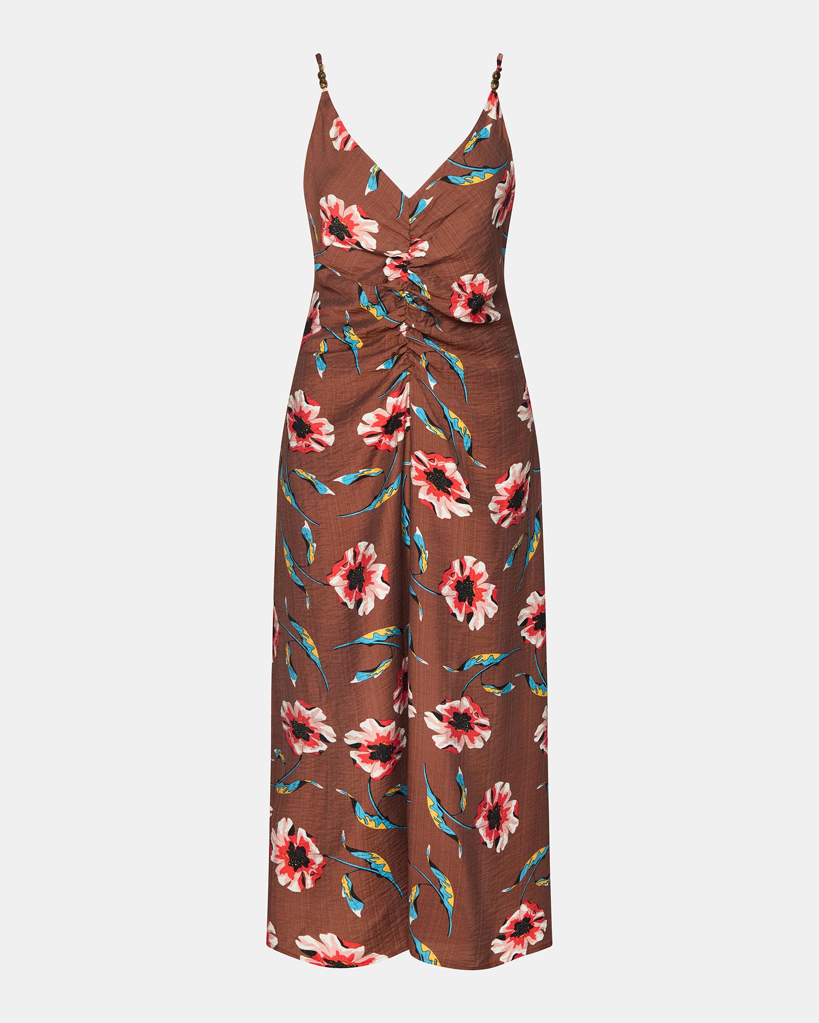 Close-up of the chocolate brown maxi dress showcasing floral details and beaded straps.