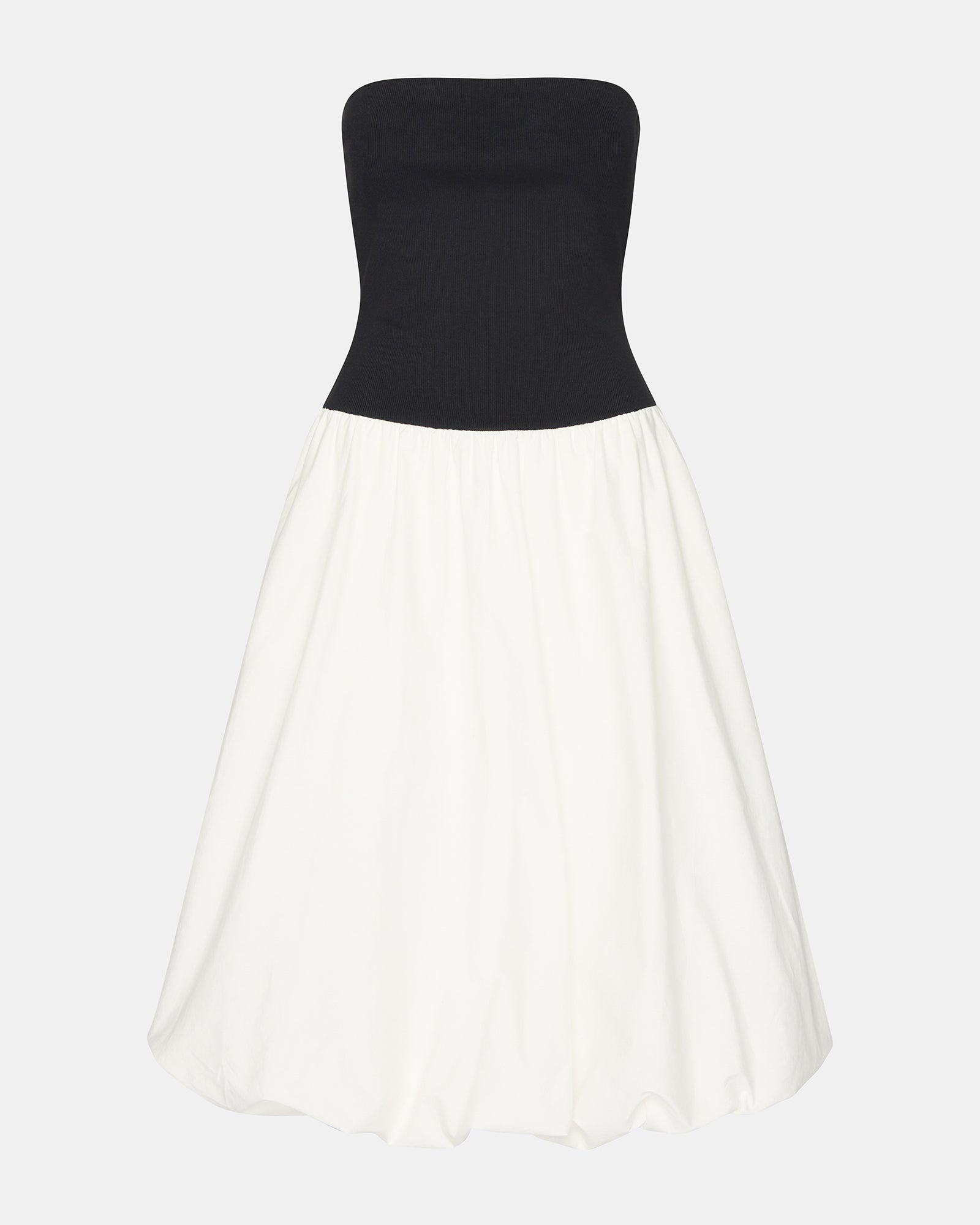 Oliver black strapless dress front view, showcasing the bubble skirt