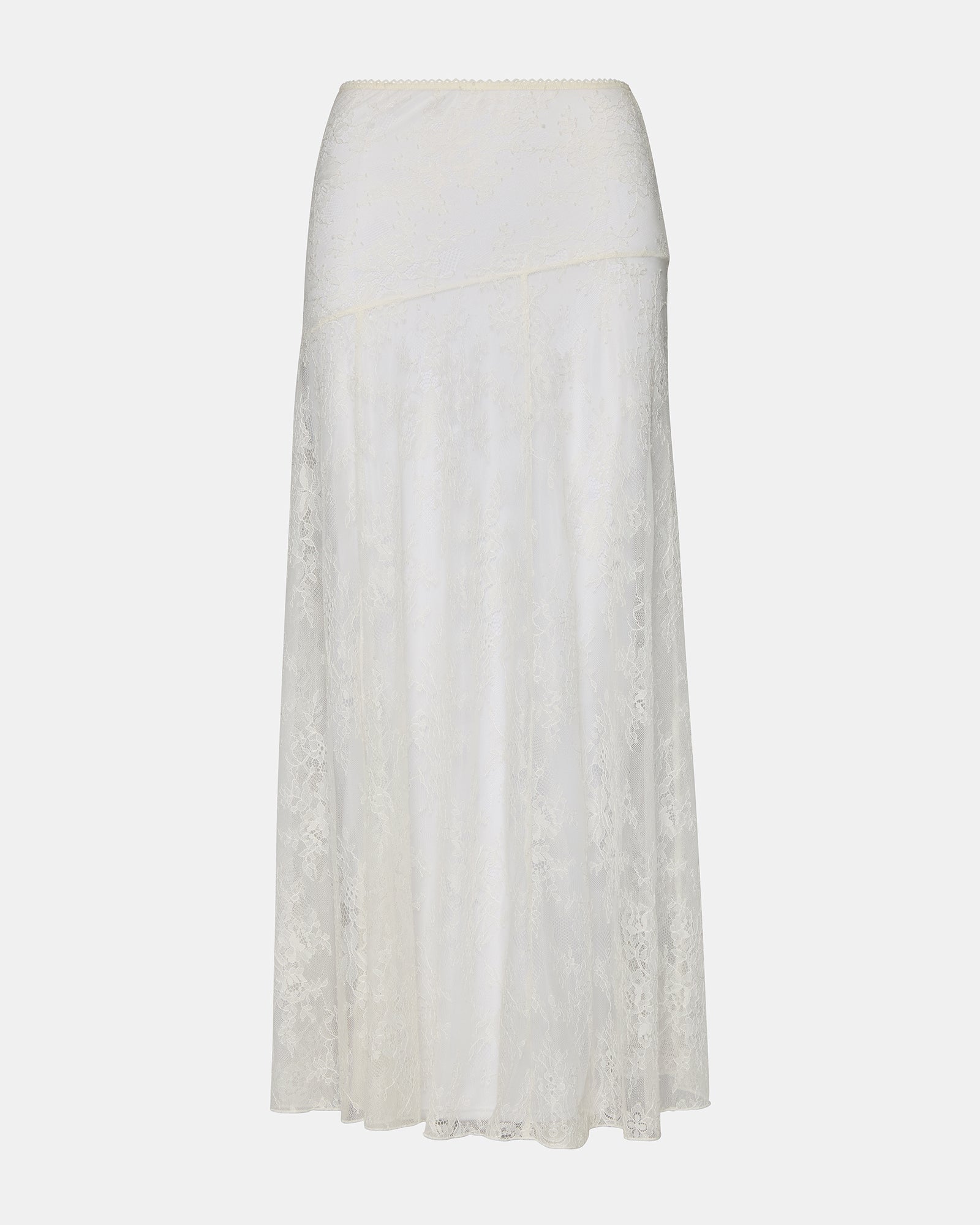 Front view of the Veera white lace maxi skirt on a model.