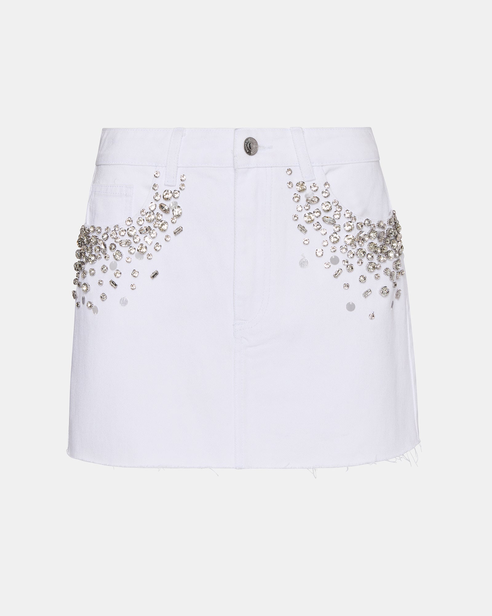 Back view of the white denim skirt showing functional pockets and fit