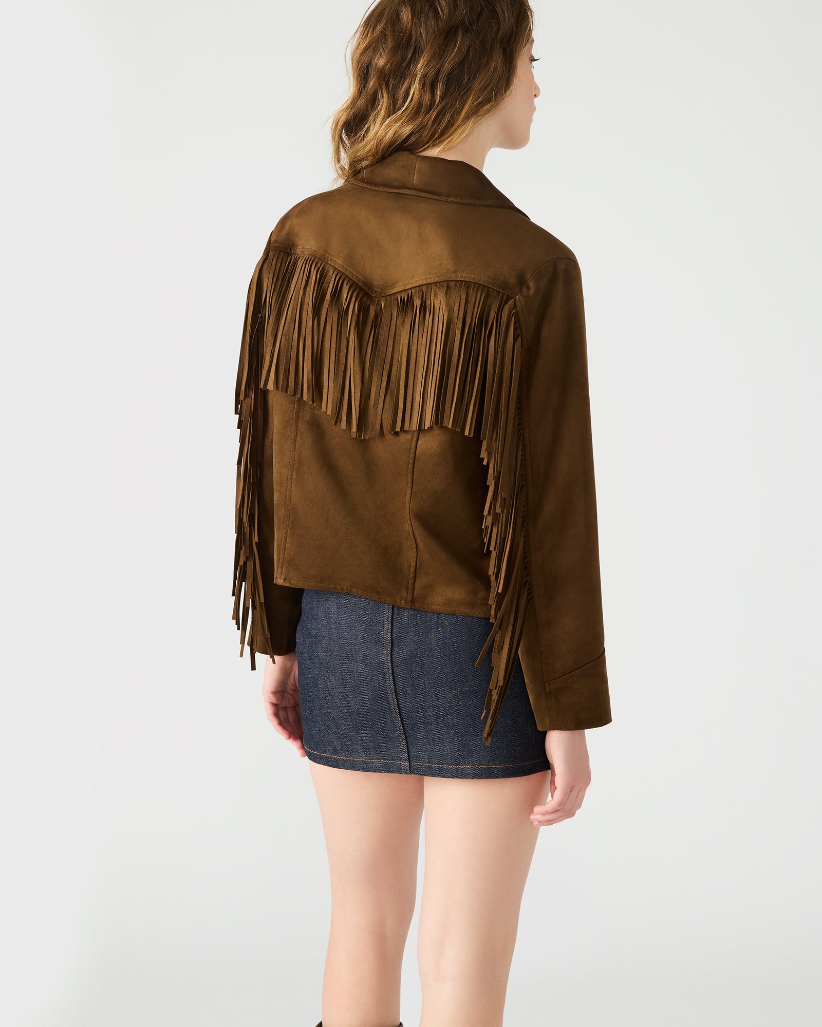 Close-up of fringe leather jacket showing button closure and texture