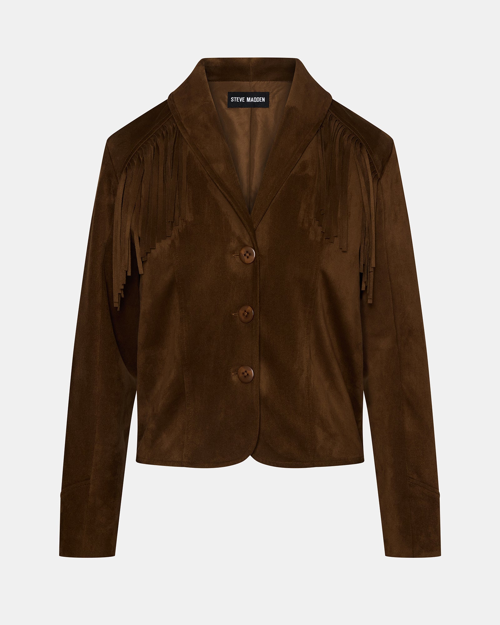 Model wearing a chestnut fringe jacket with western-inspired detailing, shot outdoors