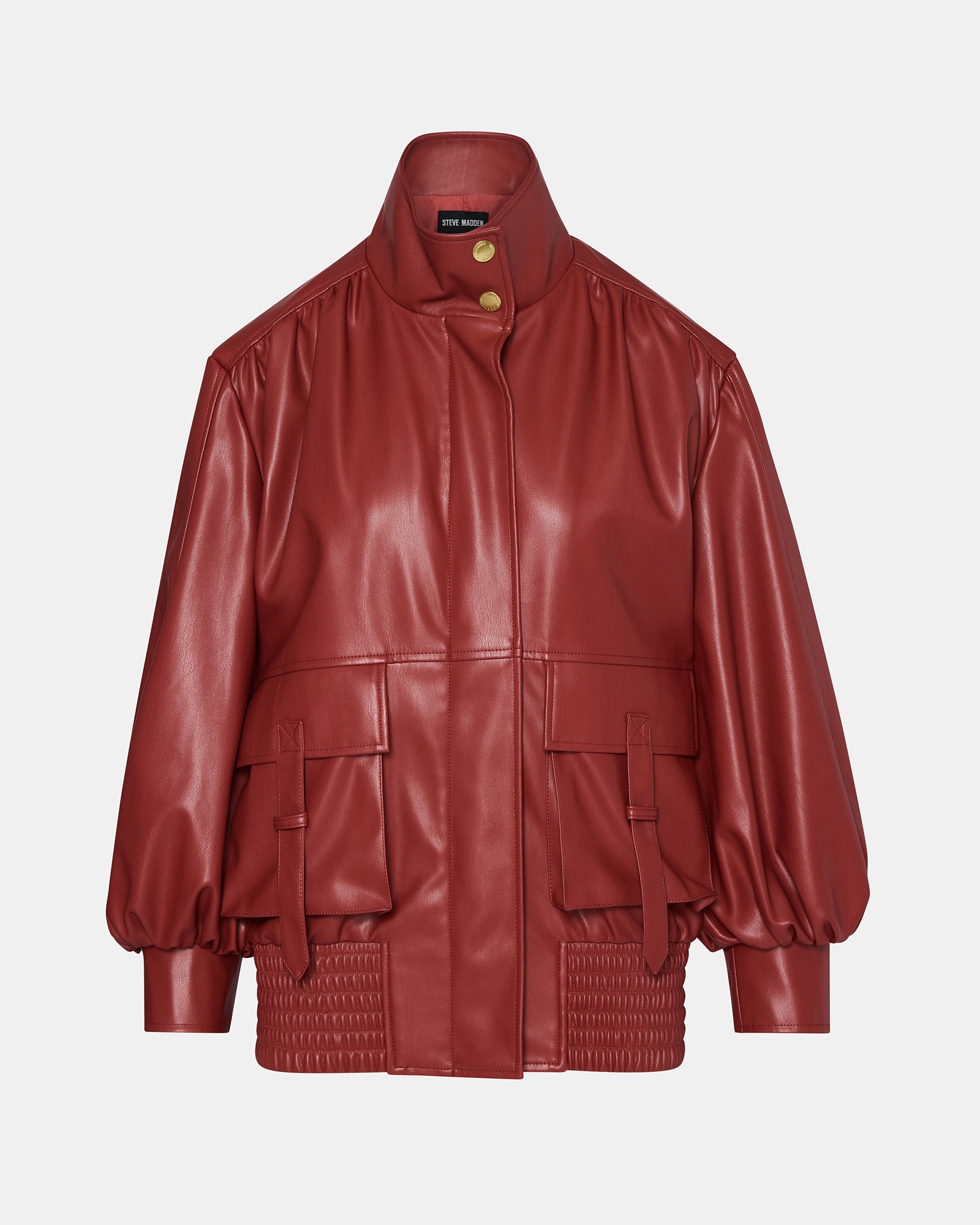 Close-up of the button-up closure and collar of the faux leather jacket.