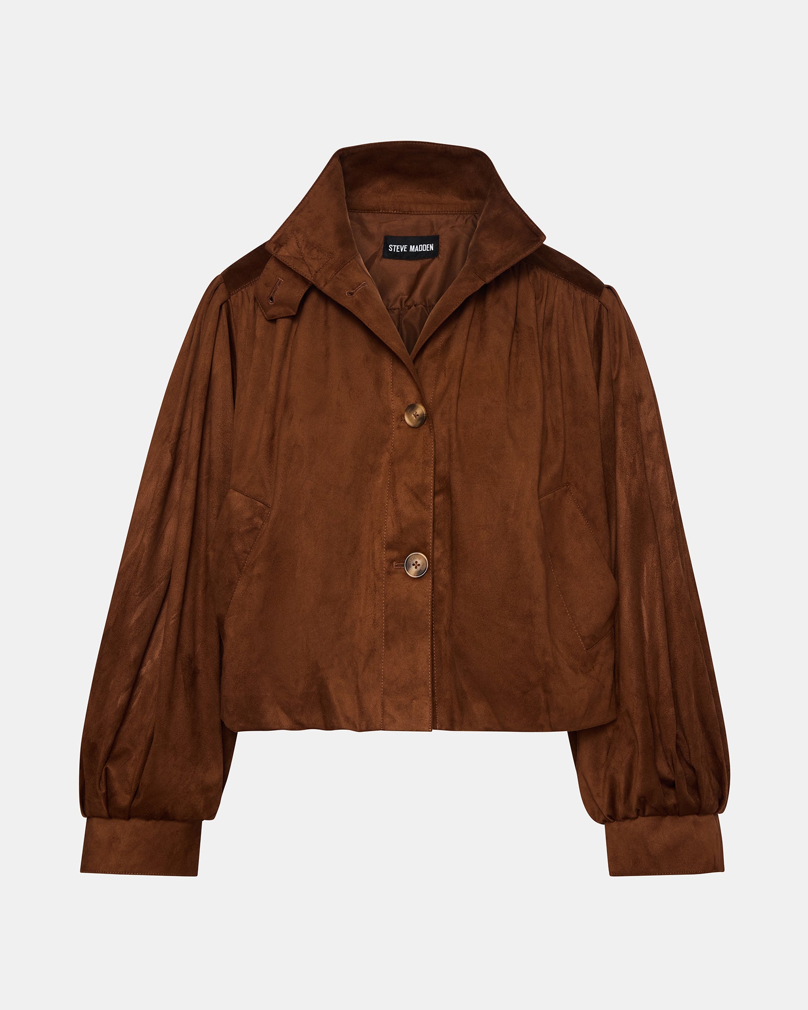 Front view of the chicory coffee faux suede bomber jacket on a model, showcasing its stylish design.