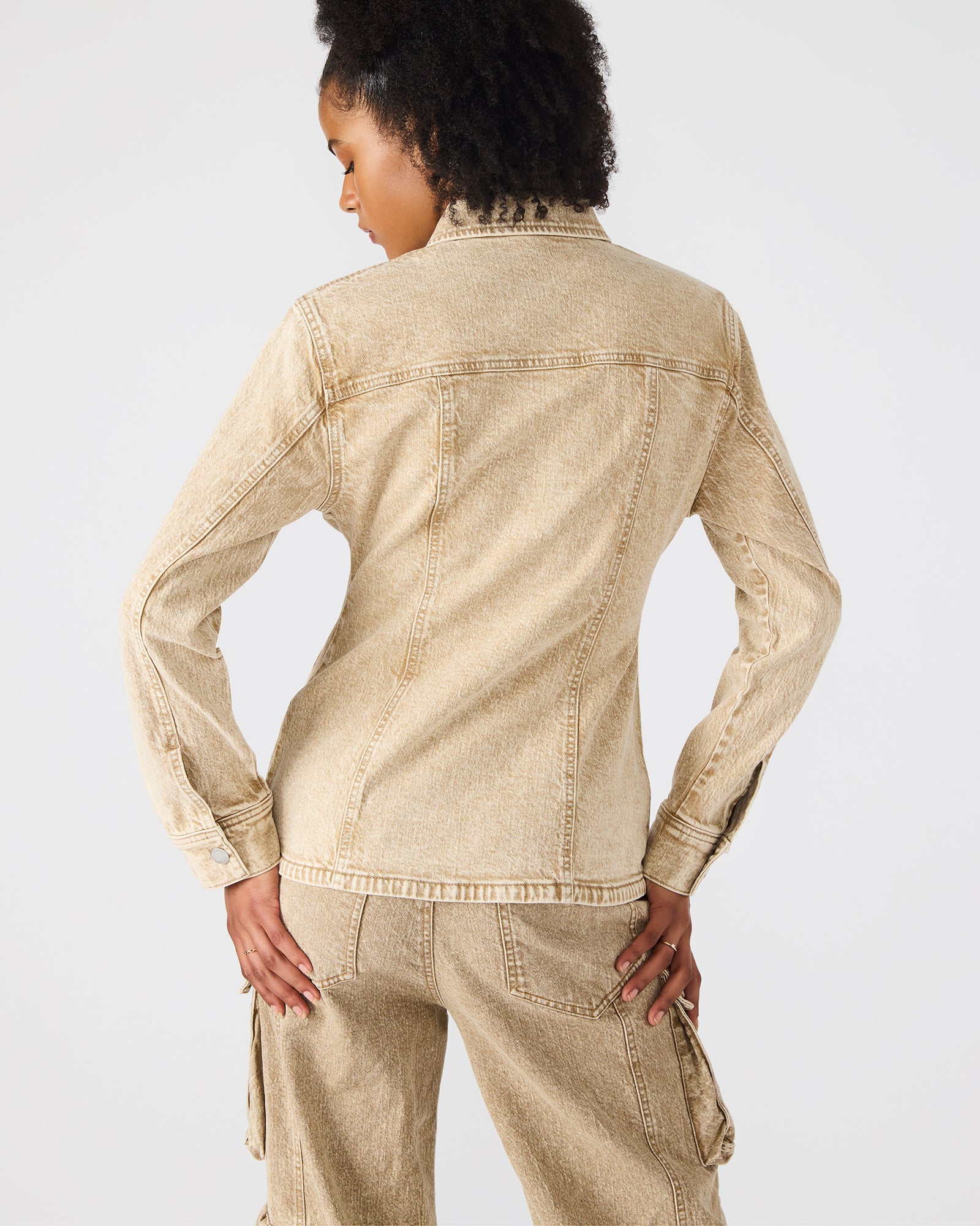 Back view showcasing the relaxed fit of this oversized denim jacket