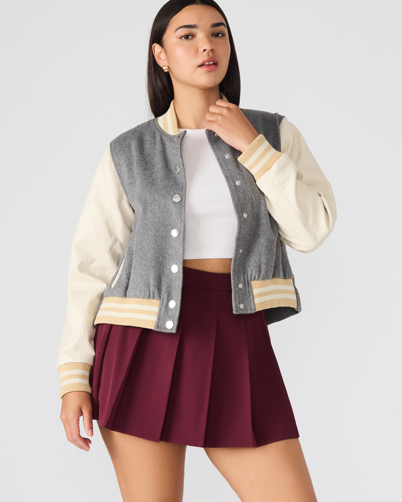 Front view of the Rooney leather sleeve bomber jacket in heather grey, showcasing its stylish design.