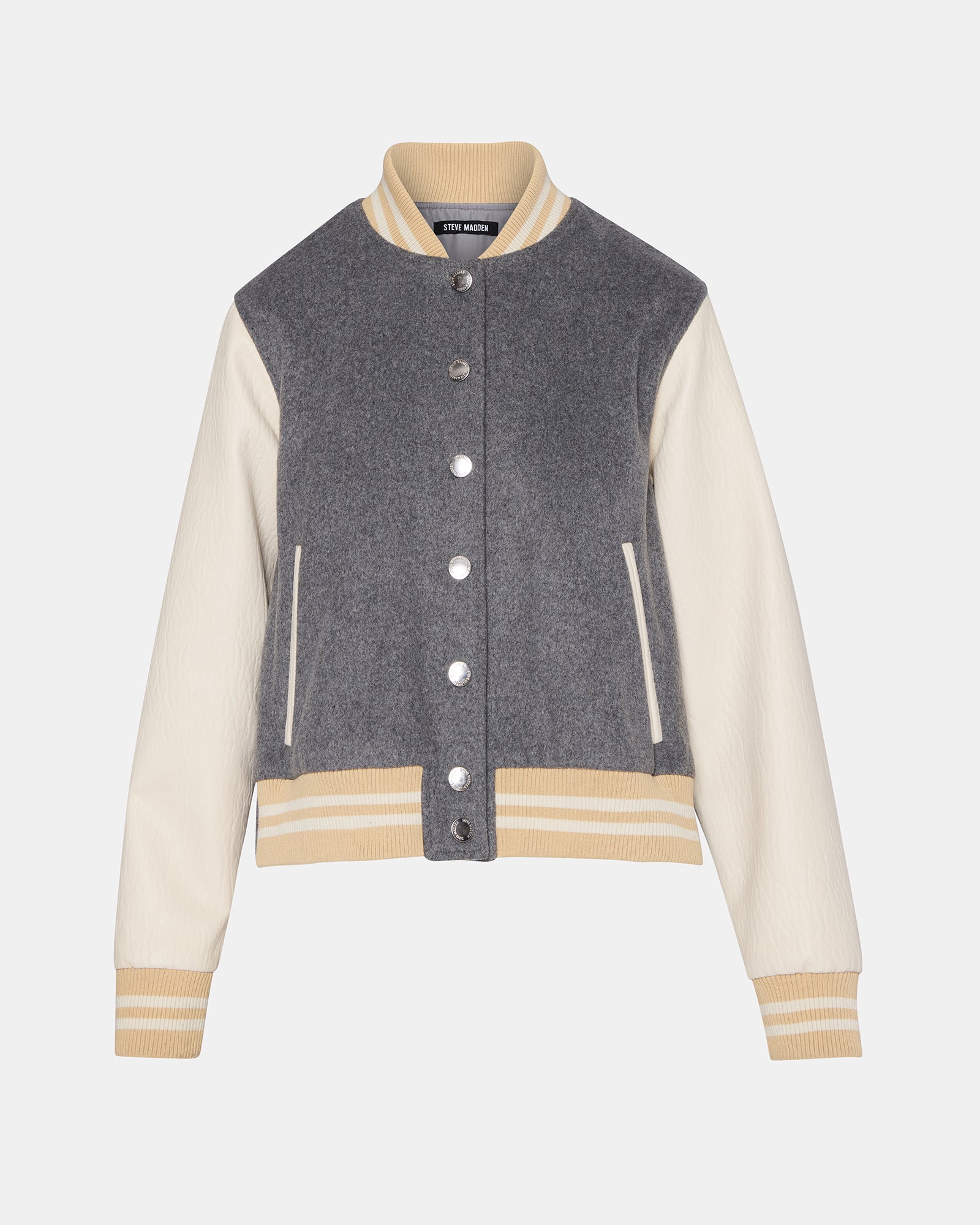 Side view of the varsity jacket mens design, featuring contrasting leather sleeves.